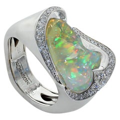 Mexican Opal Diamond One of a Kind 18 Karat White Gold Ring