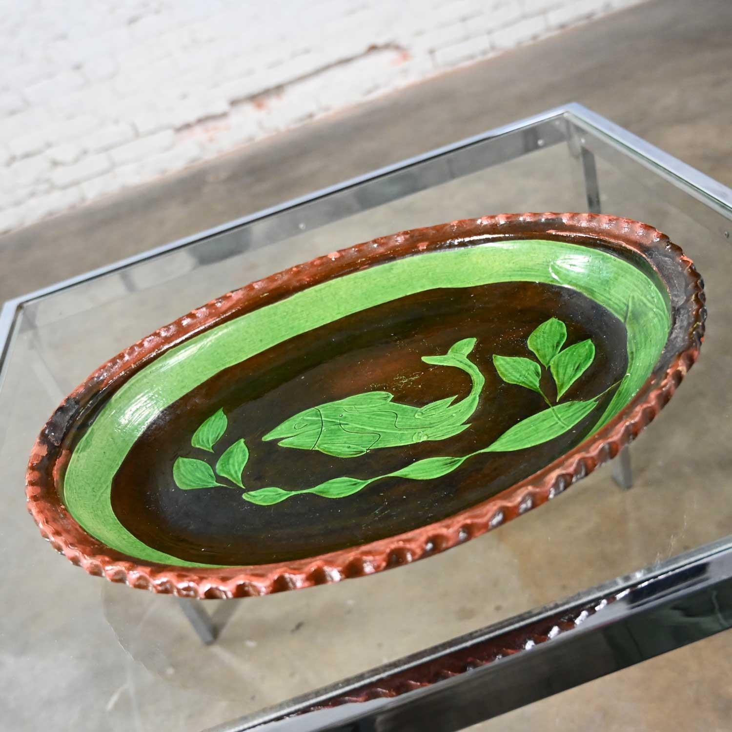 Clay Mexican Patamban Hand Painted Fish Design Folk Art Green & Brown Glazed Platter For Sale