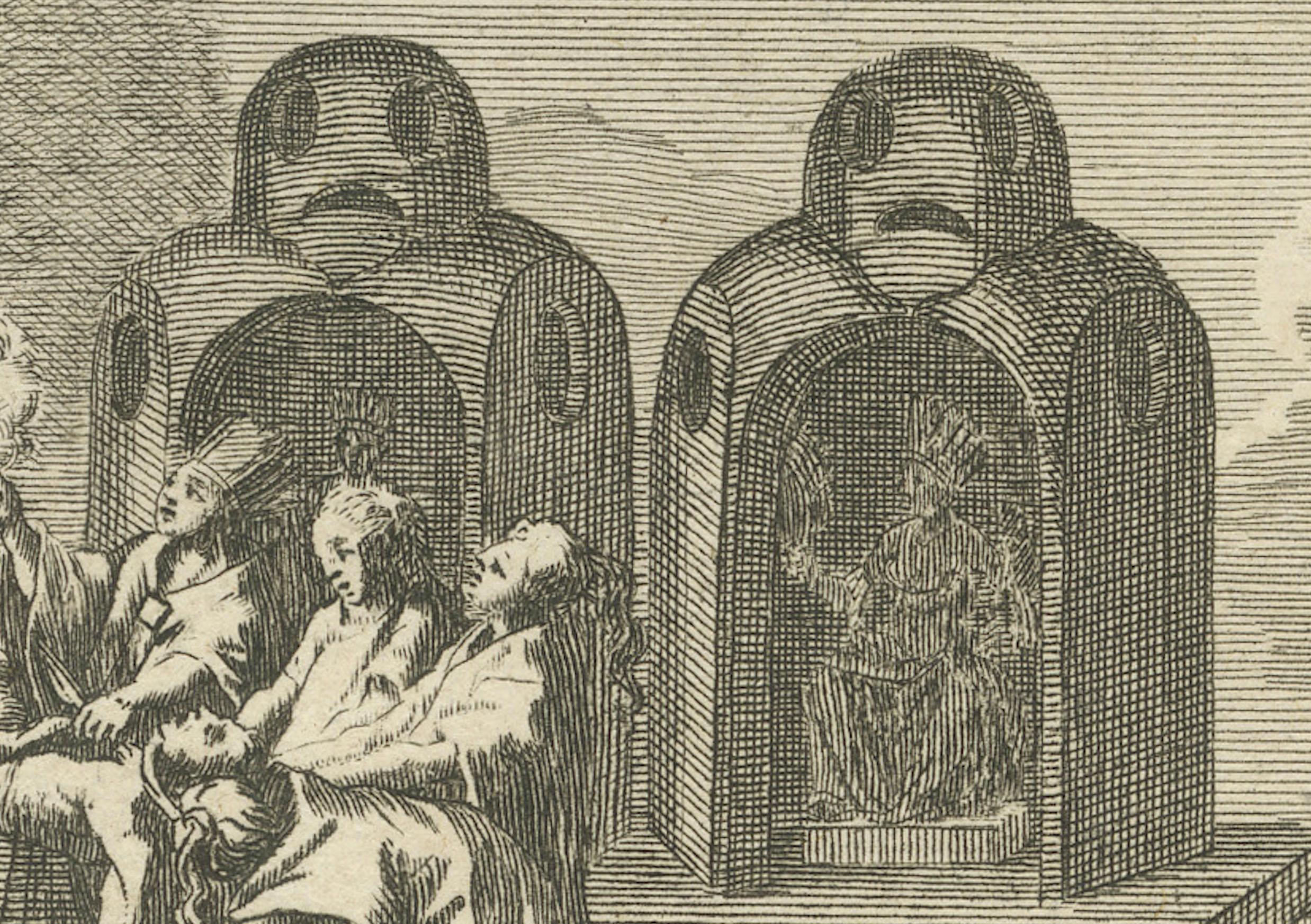 Penitenza messicana e sacrificio umano - Incisione del 1734 sui riti religiosi aztechi

Descrizione:
Questa drammatica incisione su rame del 1734 illustra due rituali immaginari dell'antico Messico, come interpretati dagli artisti europei