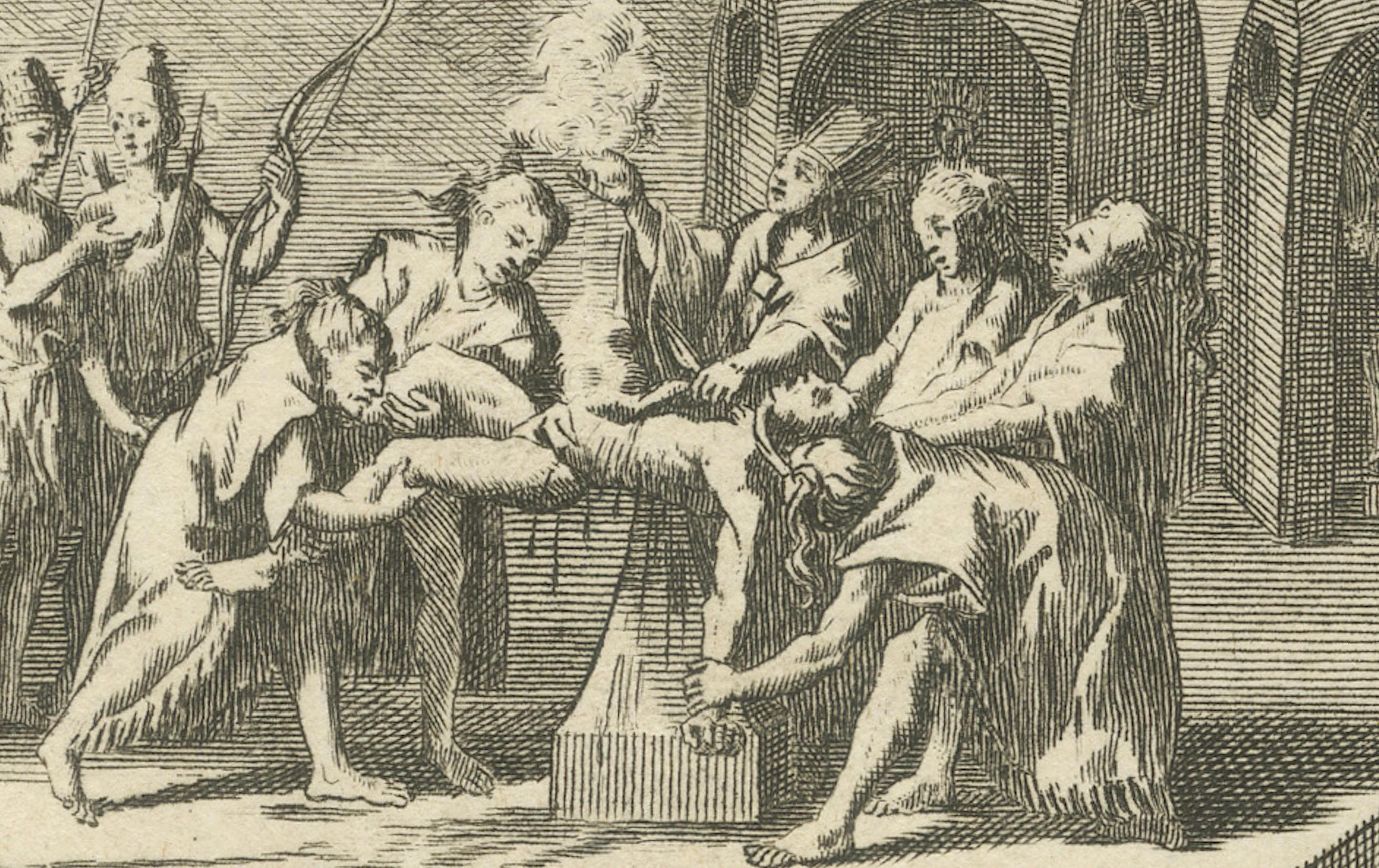 Inciso Penitenza messicana e sacrificio umano - Incisione del 1734 sui riti religiosi aztechi in vendita