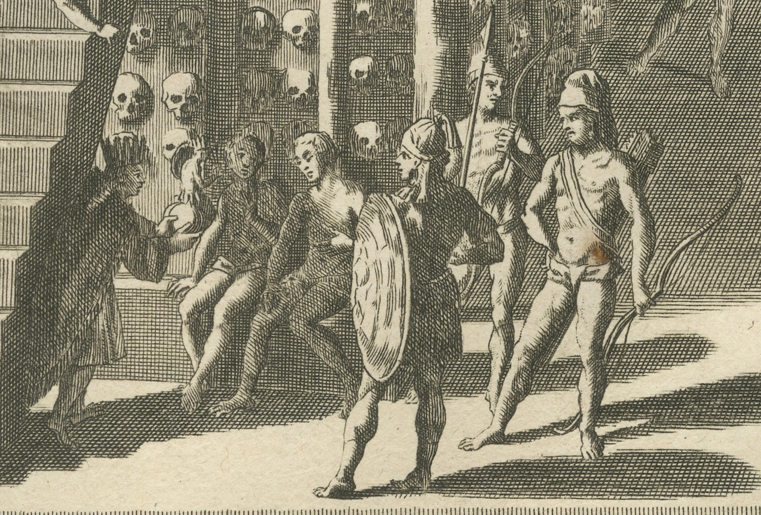 Penitenza messicana e sacrificio umano - Incisione del 1734 sui riti religiosi aztechi In condizioni buone in vendita a Langweer, NL