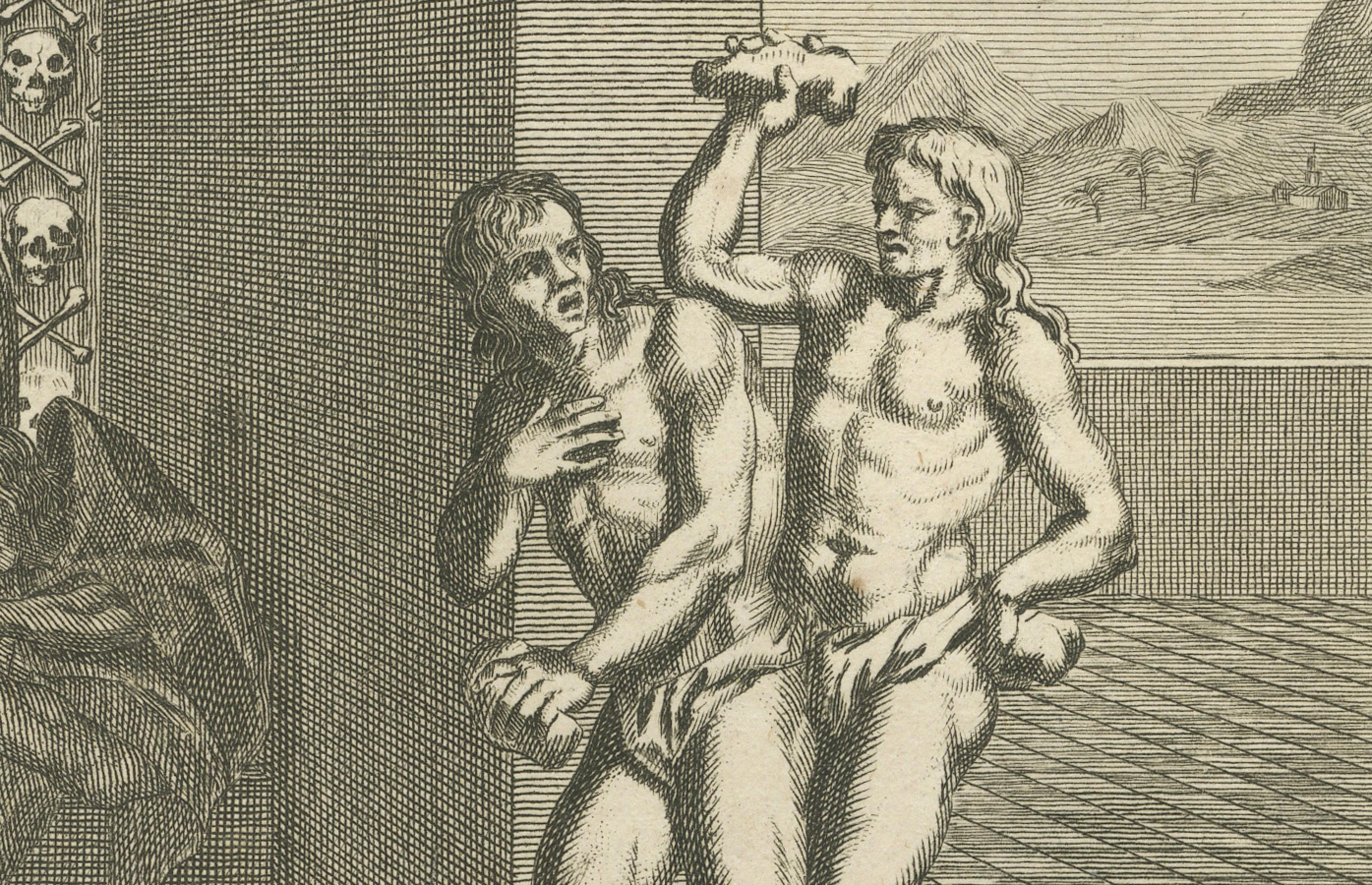 Metà XVIII secolo Penitenza messicana e sacrificio umano - Incisione del 1734 sui riti religiosi aztechi in vendita