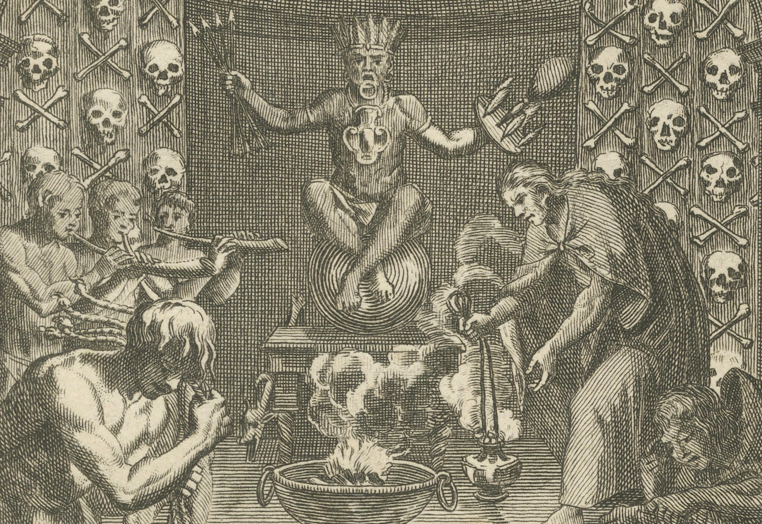 Carta Penitenza messicana e sacrificio umano - Incisione del 1734 sui riti religiosi aztechi in vendita
