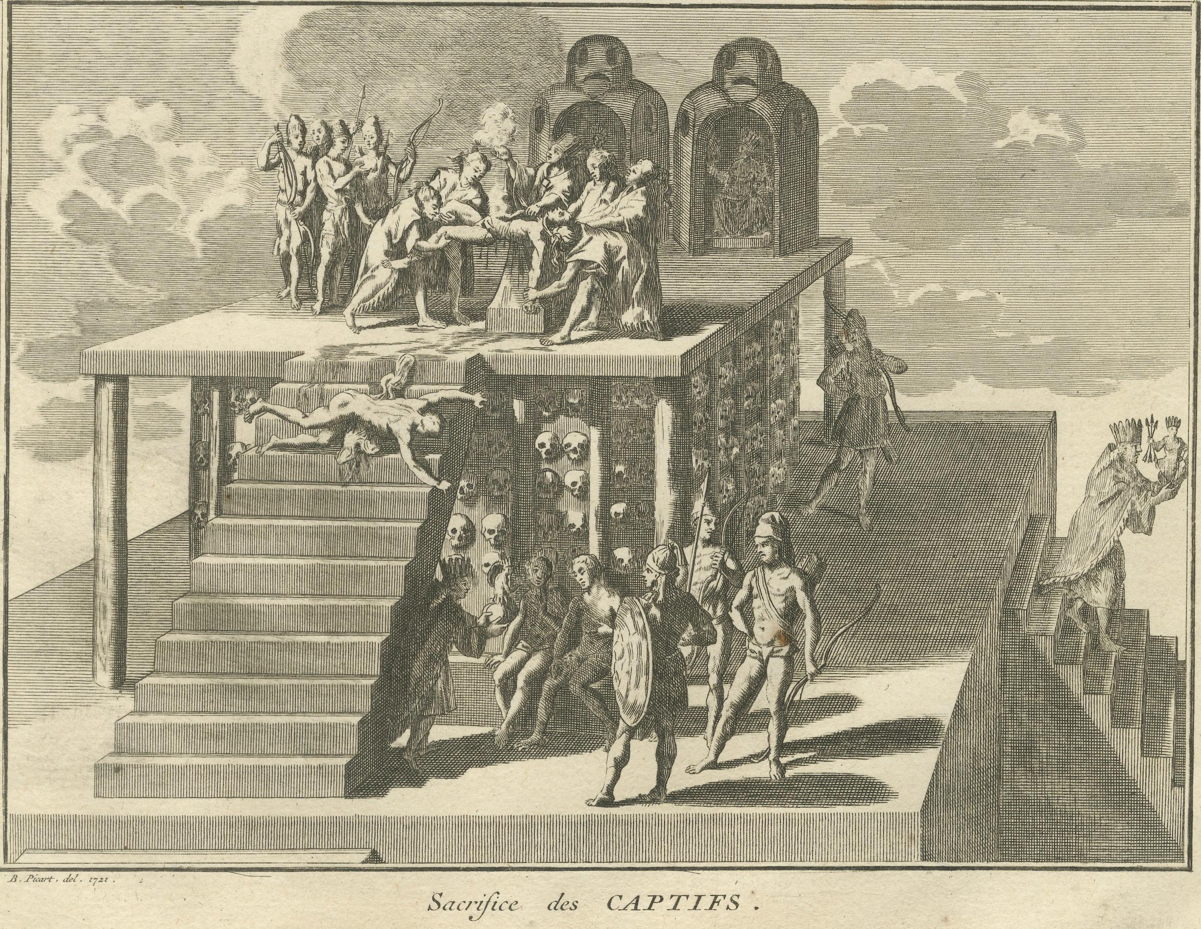 Penitenza messicana e sacrificio umano - Incisione del 1734 sui riti religiosi aztechi in vendita 1
