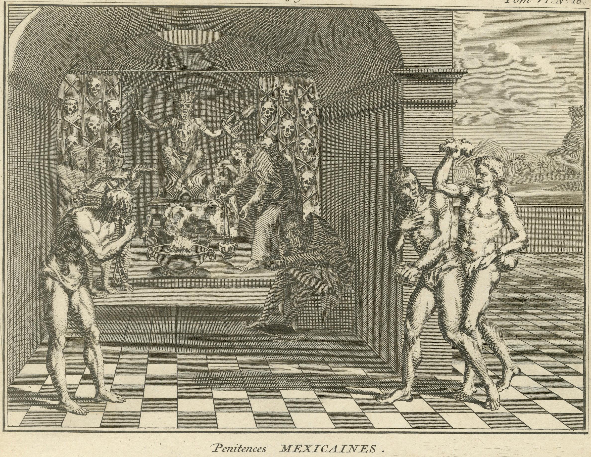 Penitenza messicana e sacrificio umano - Incisione del 1734 sui riti religiosi aztechi in vendita 2
