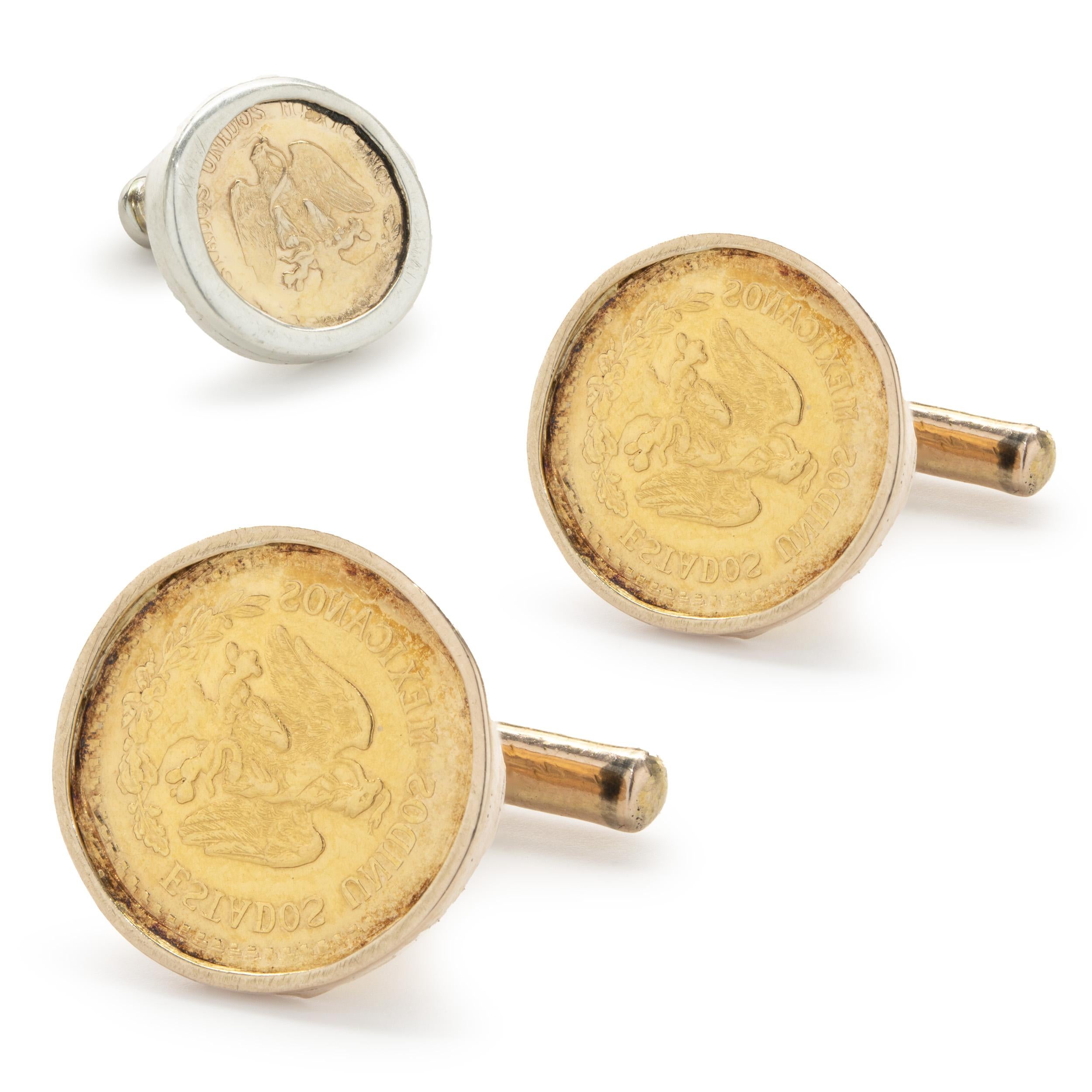 Mexican Peso Cufflinks and Tie Tac Set In Excellent Condition For Sale In Scottsdale, AZ