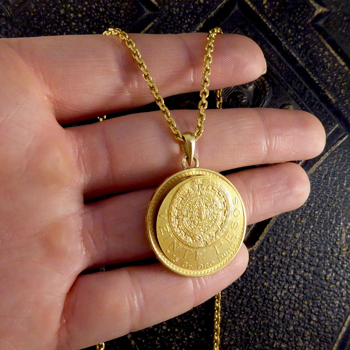 Art Deco Mexican Pesos 21.6ct Gold Coin Unique Hidden Locket on 22ct Yellow Gold Chain