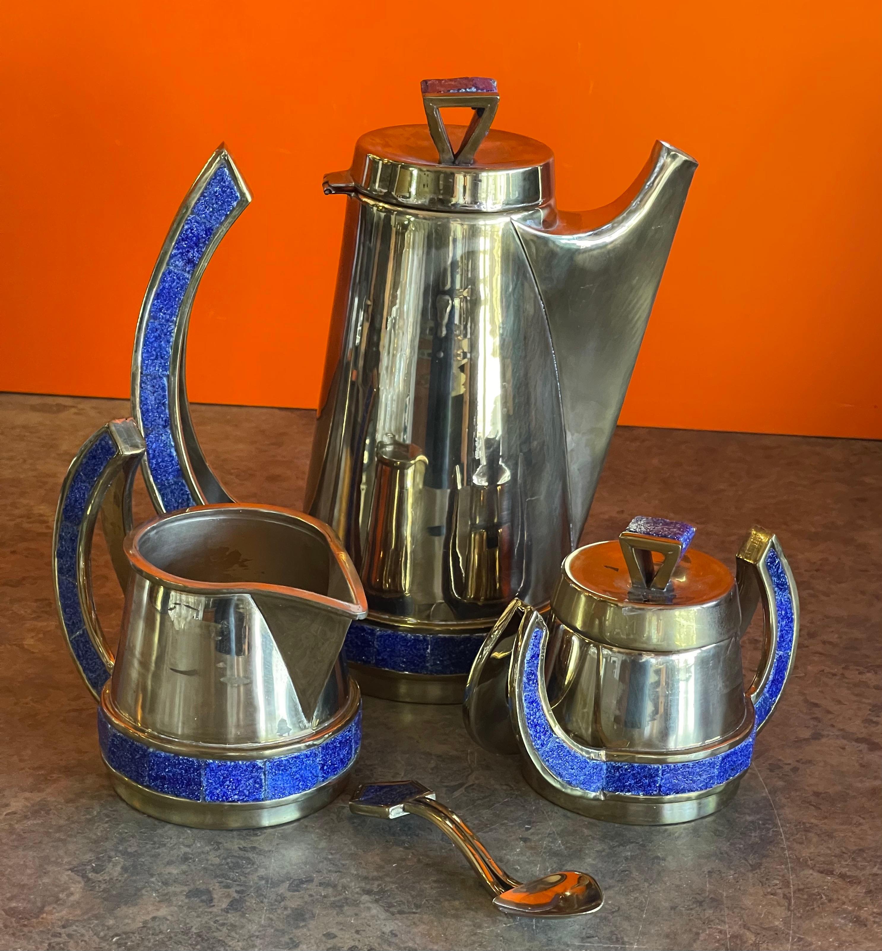 Mexican Plated Metal & Turquoise Four Piece Coffee Service Set 7
