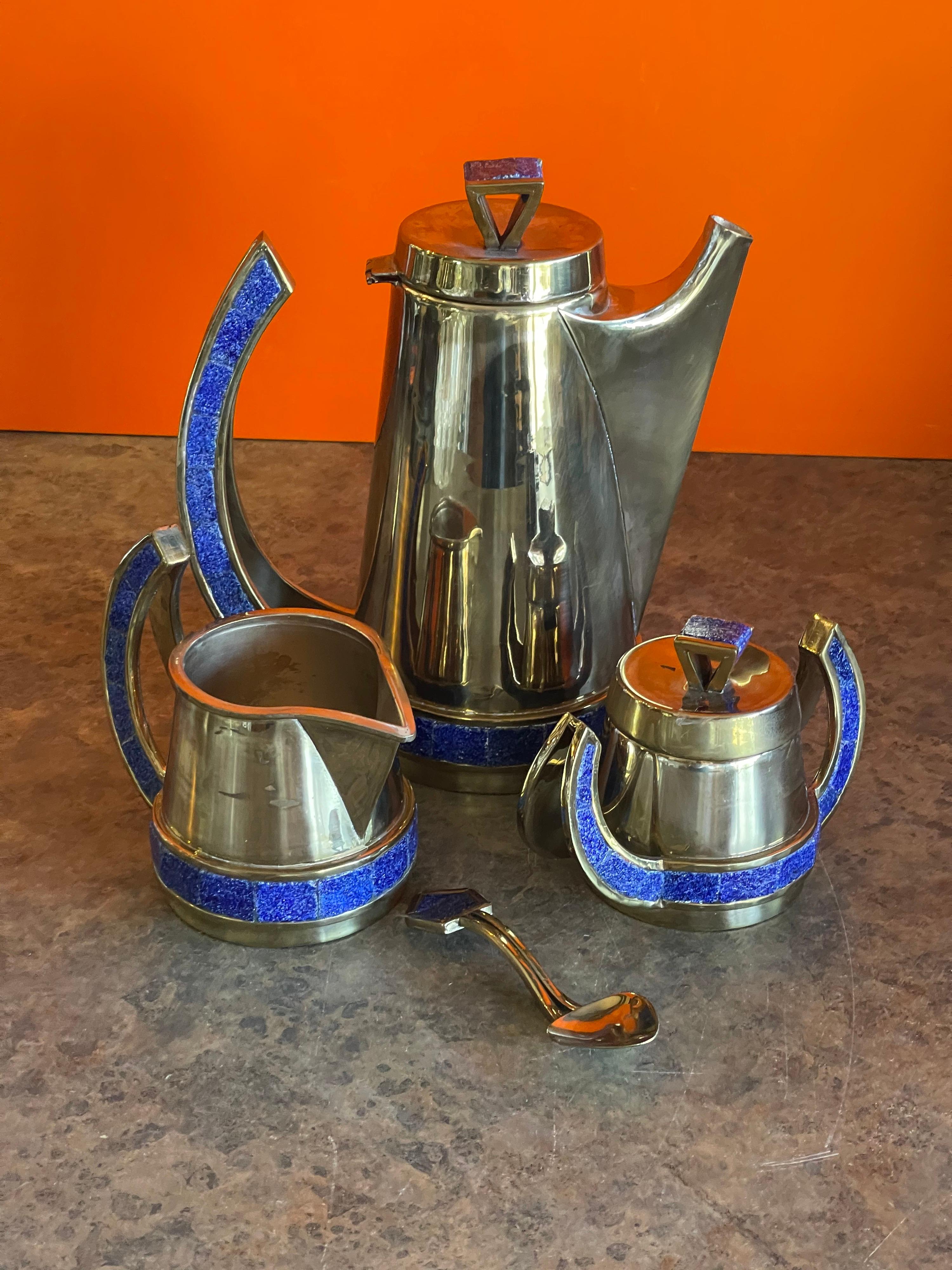 Mid-Century Modern Mexican Plated Metal & Turquoise Four Piece Coffee Service Set