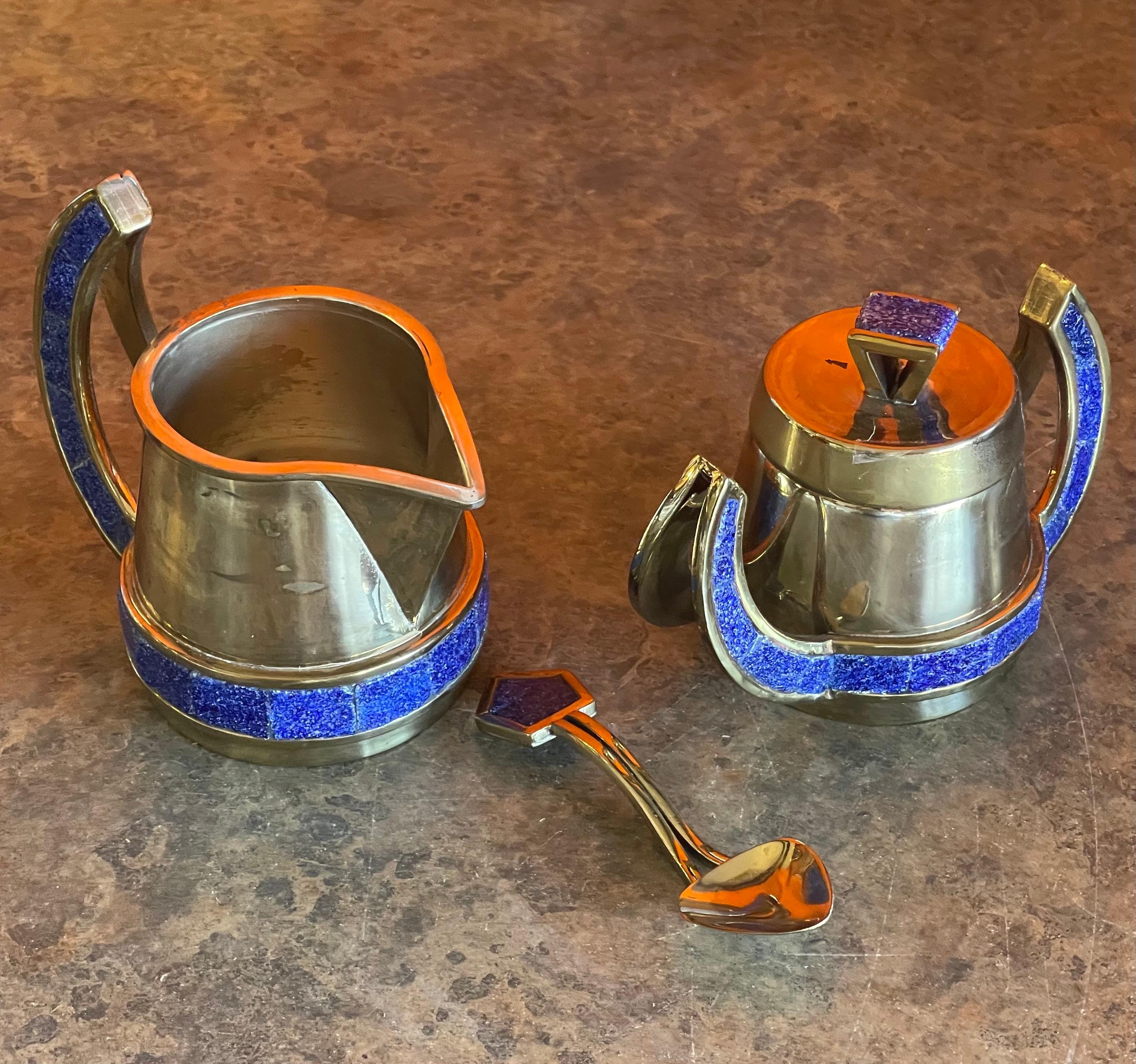 Mexican Plated Metal & Turquoise Four Piece Coffee Service Set 2