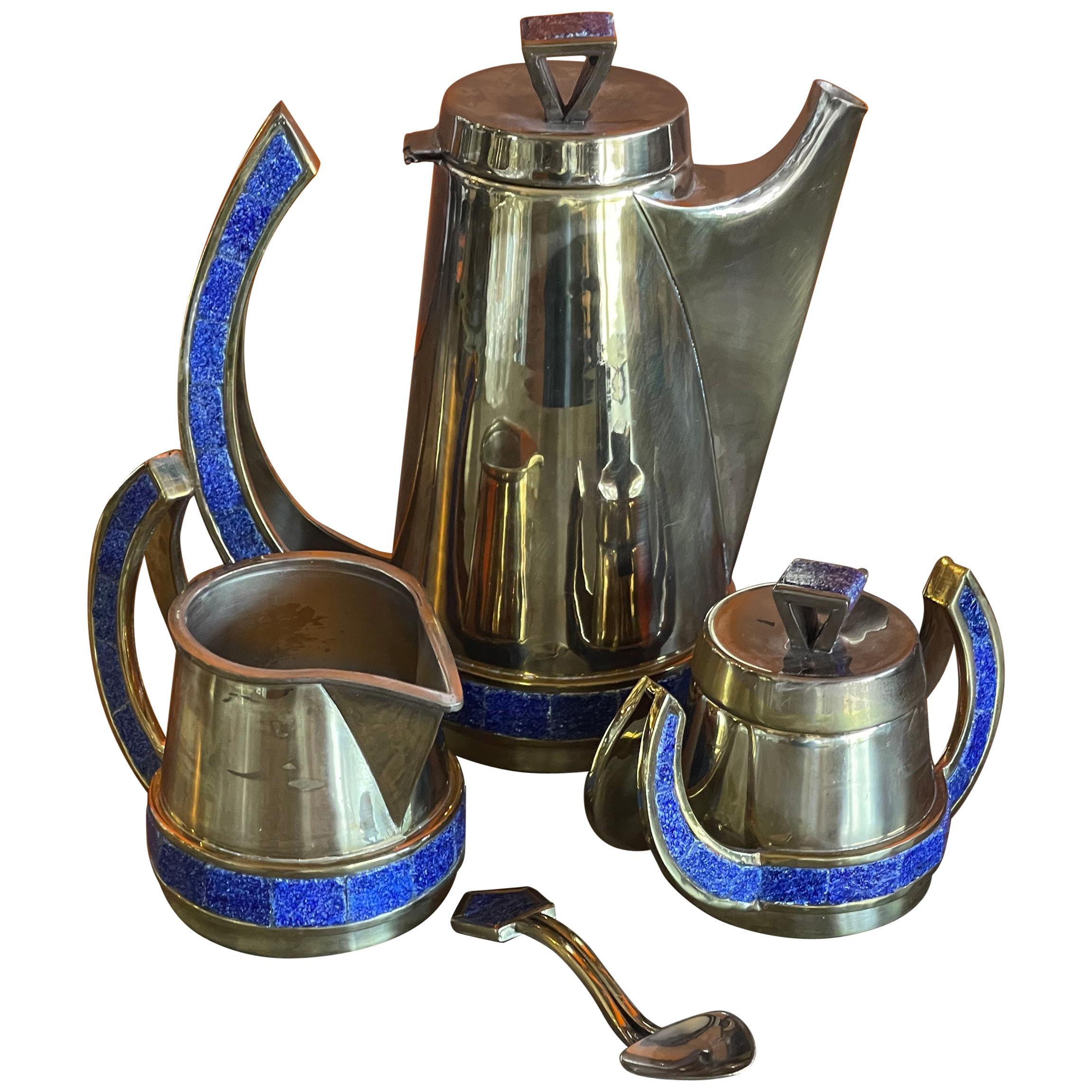 Mexican Plated Metal & Turquoise Four Piece Coffee Service Set