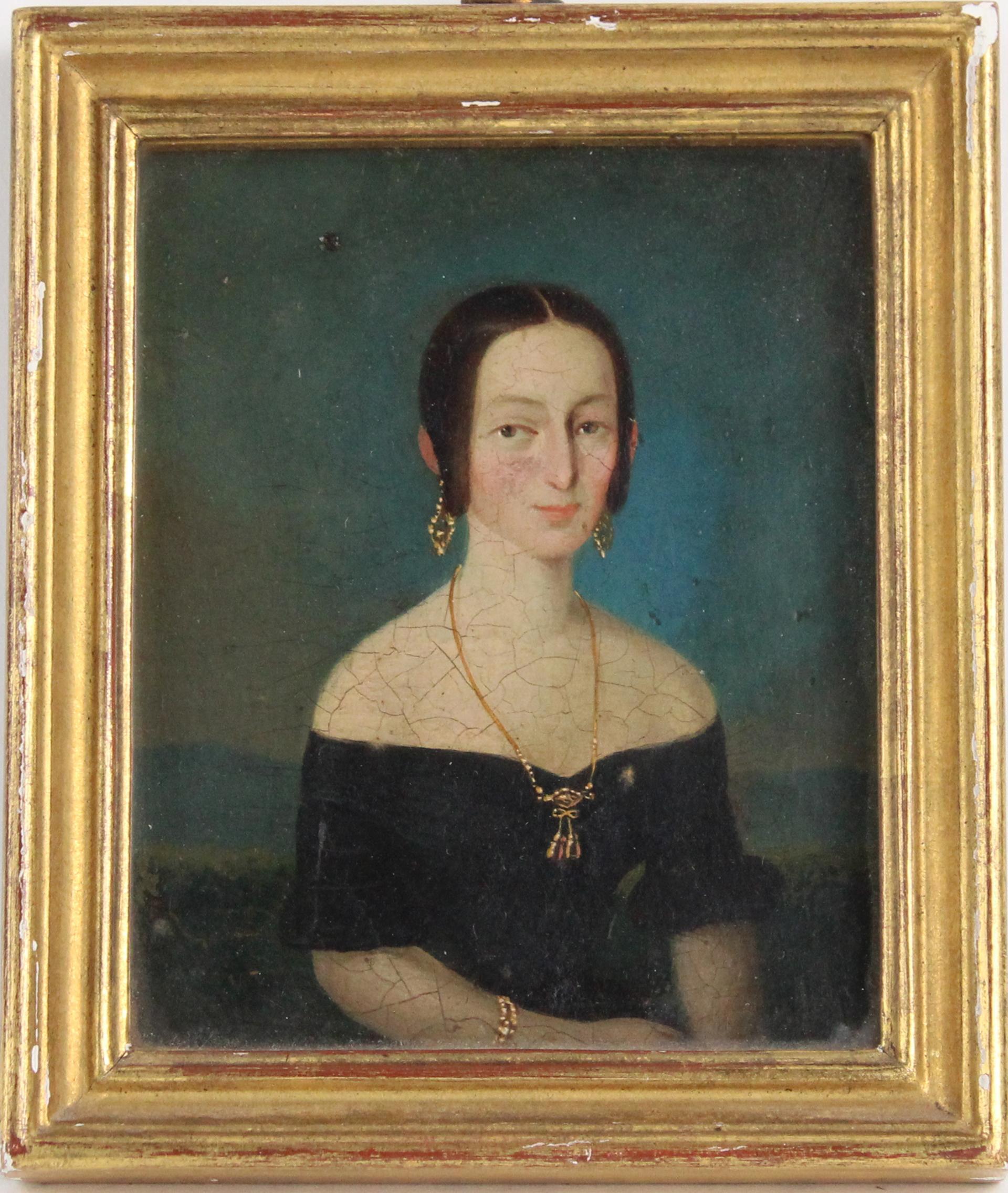 Mexican Portrait Miniatures of Officer and Wife
Medium: Oil on Board,
Circa 1845-50

Two intricately detailed oil-on-board miniatures portray a military officer and his wife. The paintings share a common backdrop of rolling hills and verdant fields,
