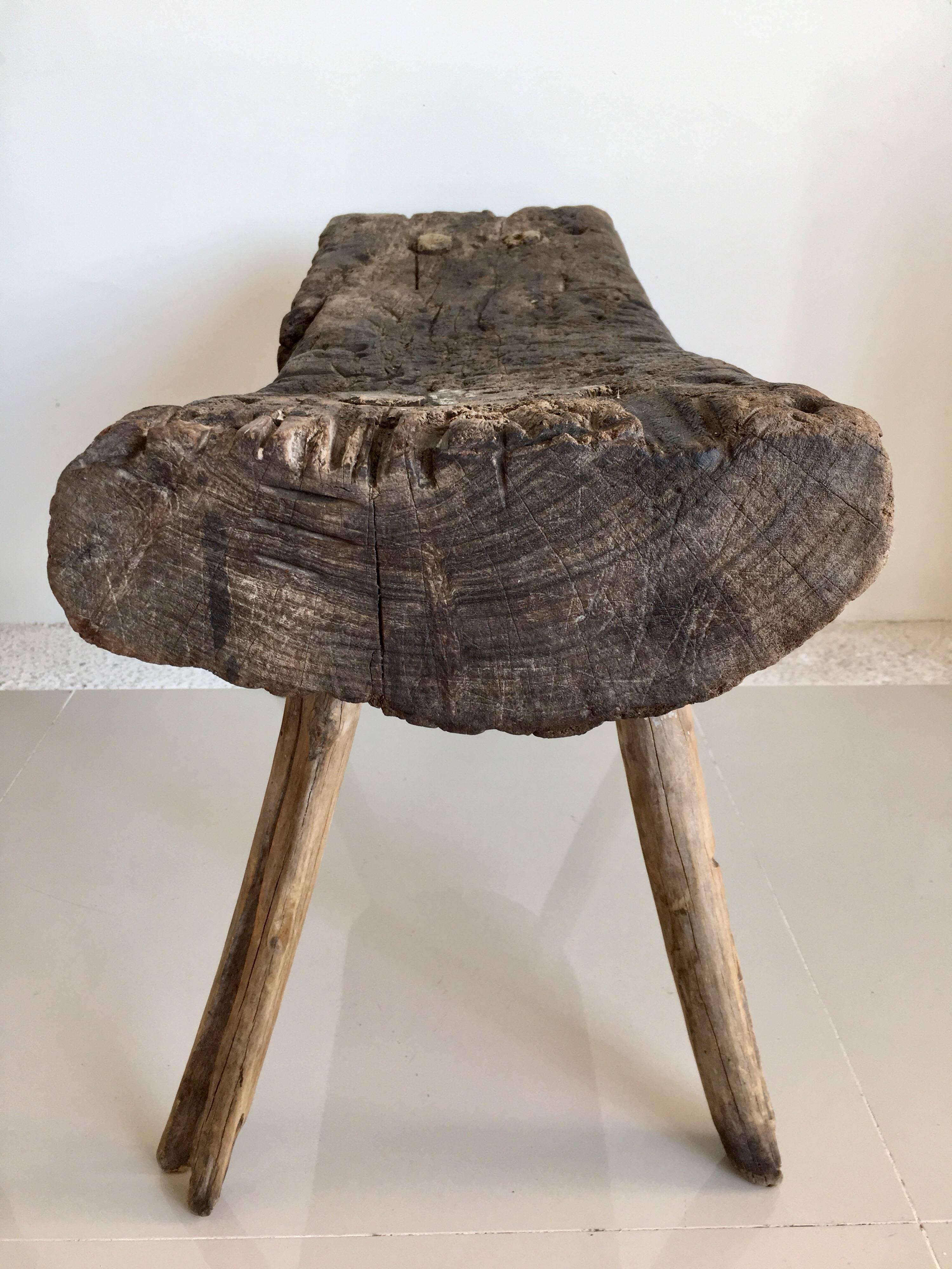 Primitive mesquite bench from the Guanajuato area of Mexico. One of a kind piece. Original legs. Heavily used most likely at a carpenter's shop. Wonderful patina.