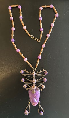 Mexican Rare Royal Purple Agate Tribal Face Mask Necklace Hammered Copper Maya