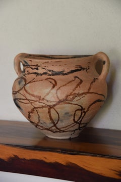 Mexican Rustic Abstract Pottery Two Handle Vase Decorative Ceramic Line Design