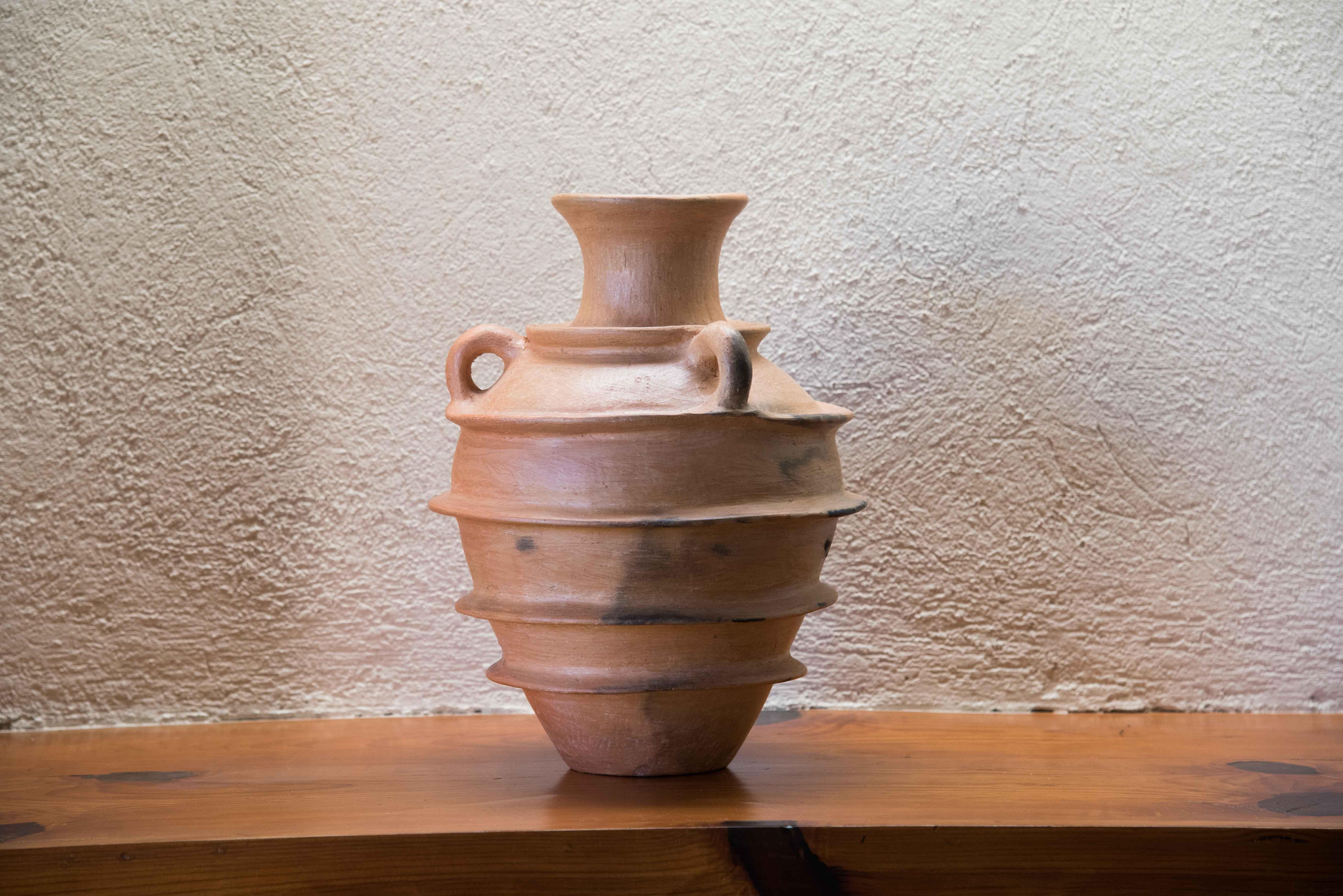 Mexican Rustic Pottery Three Handle Vase Decorative Ceramic Round Design Belt 3