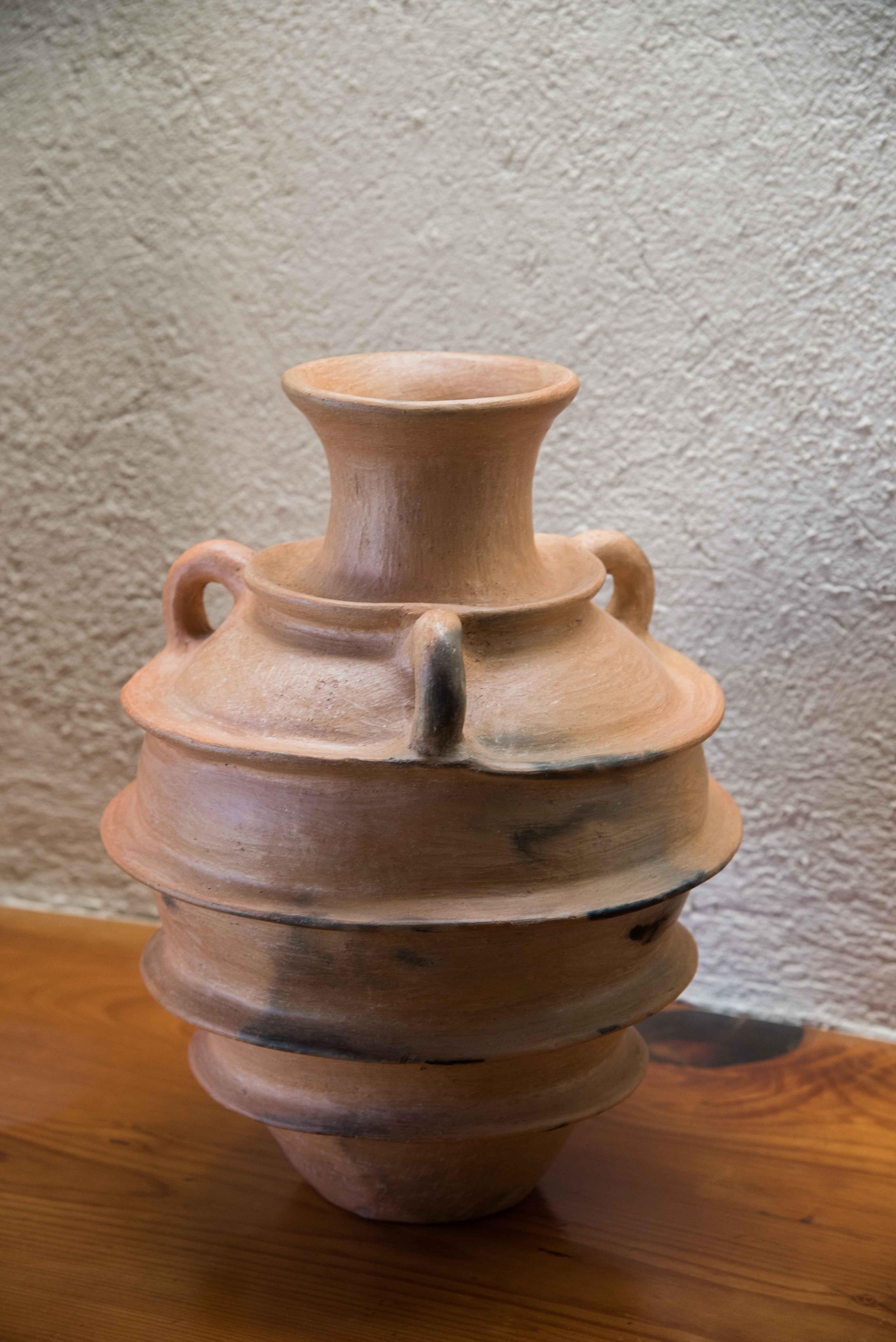 Mexican Rustic Pottery Three Handle Vase Decorative Ceramic Round Design Belt 1