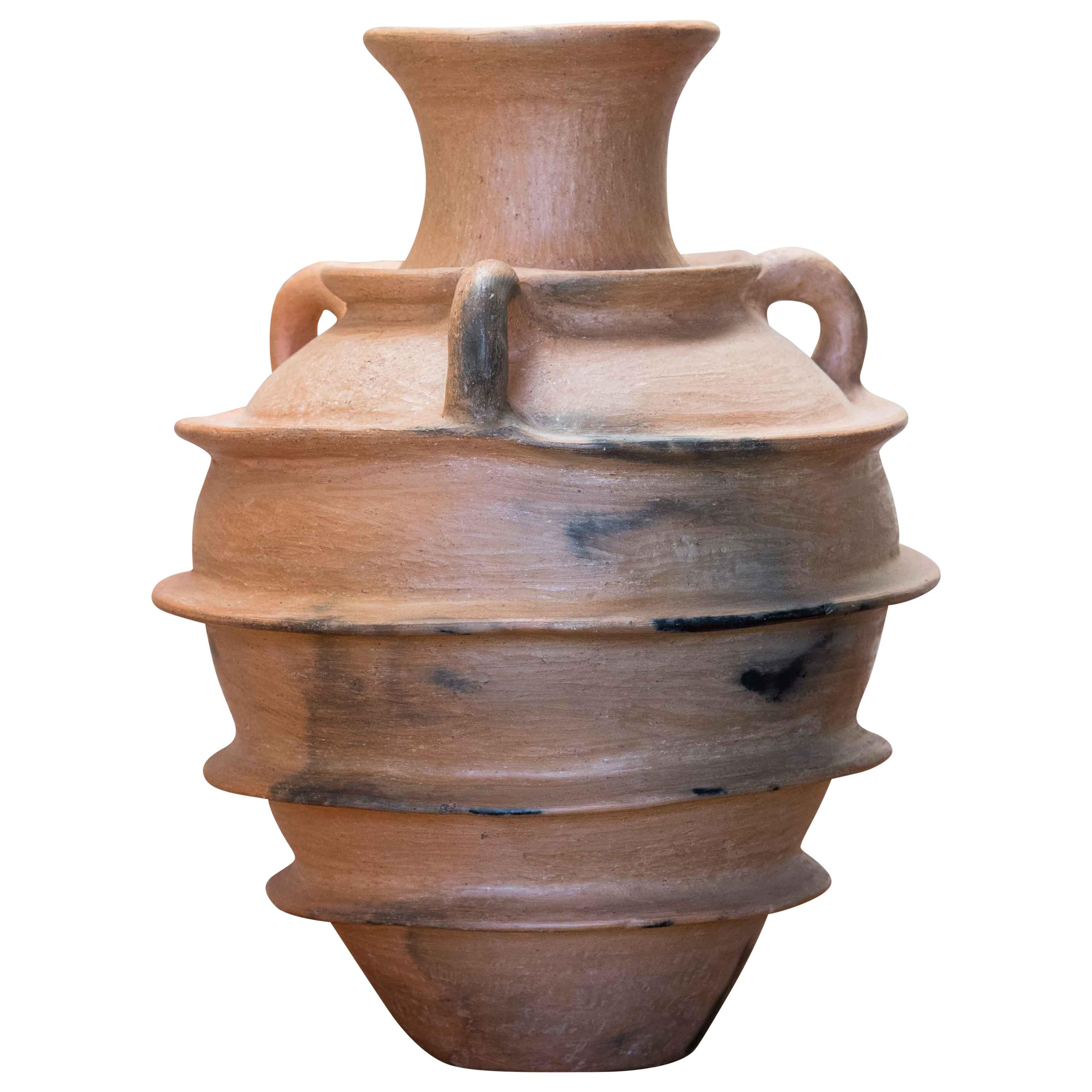 Mexican Rustic Pottery Three Handle Vase Decorative Ceramic Round Design Belt