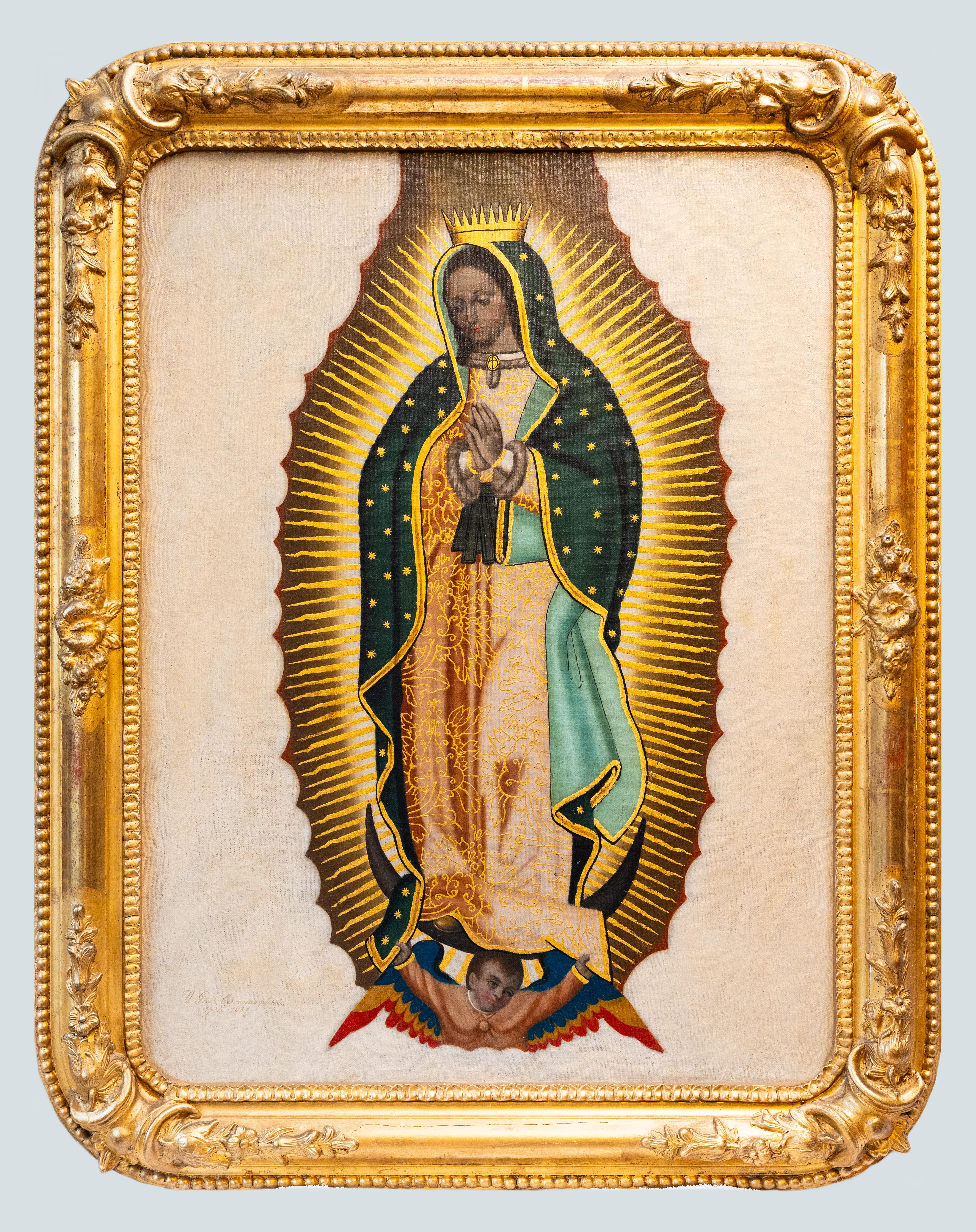 19th Century Mexican School Our Lady of Guadalupe Painting Gons. Cervantes 1887