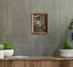 Forlorn Young Girl Mother Cat & Bird - Mexican School 19th Century oil painting