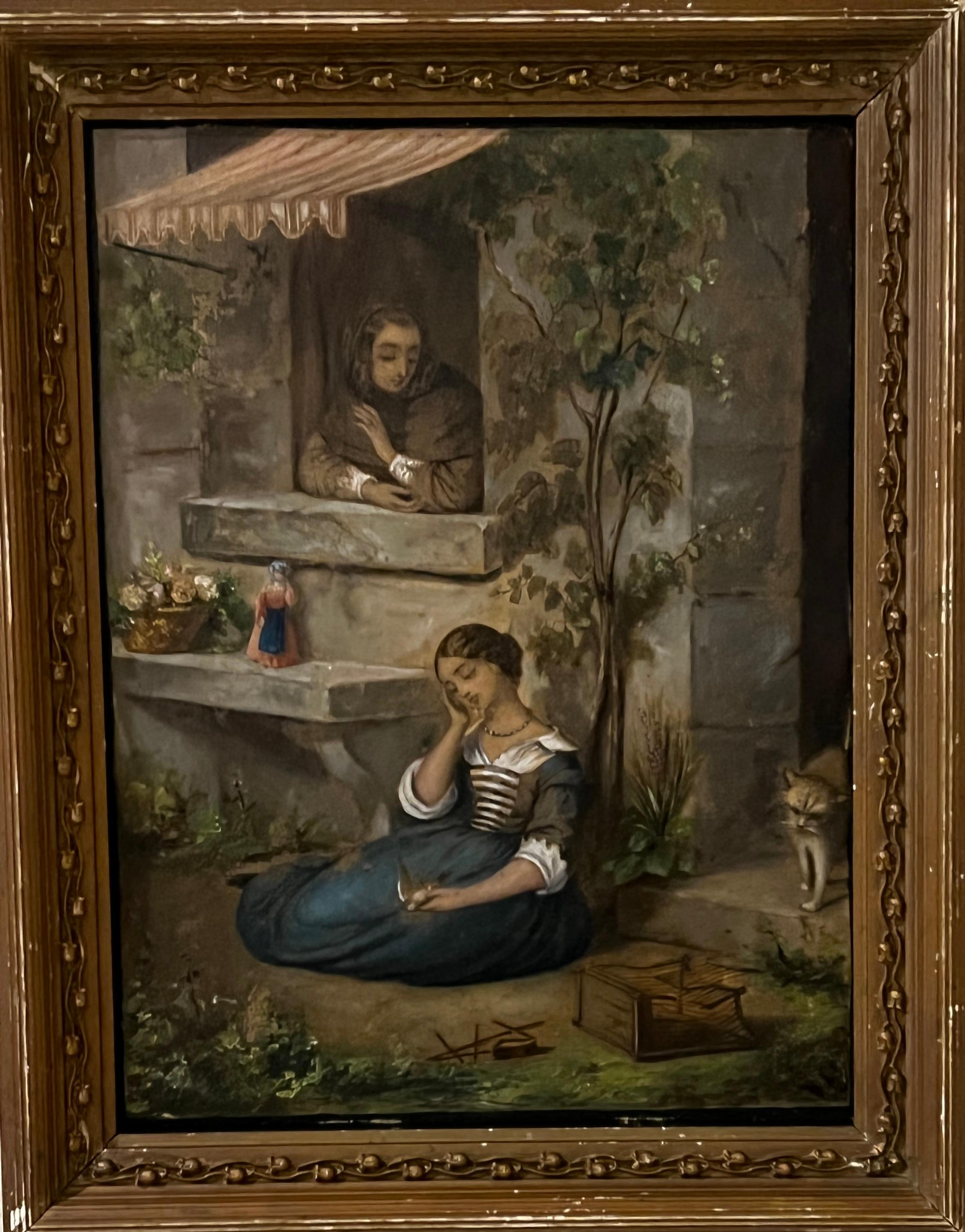 Jeune fille, mère, chat et oiseau Forlorn - Autres styles artistiques Painting par Mexican School 19th Century