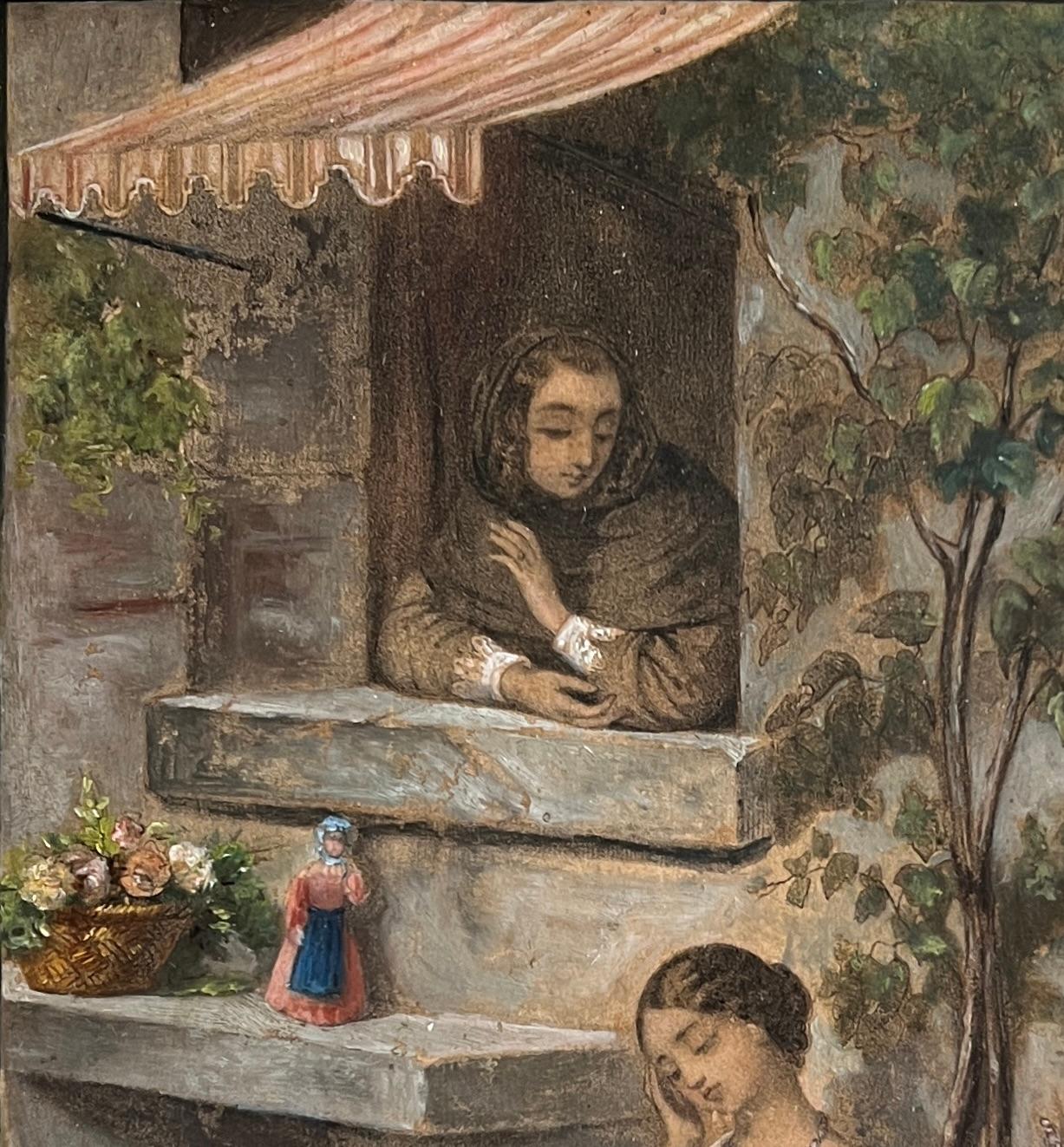 Forlorn Young Girl, Mother, Cat & Bird - Other Art Style Painting by Mexican School 19th Century