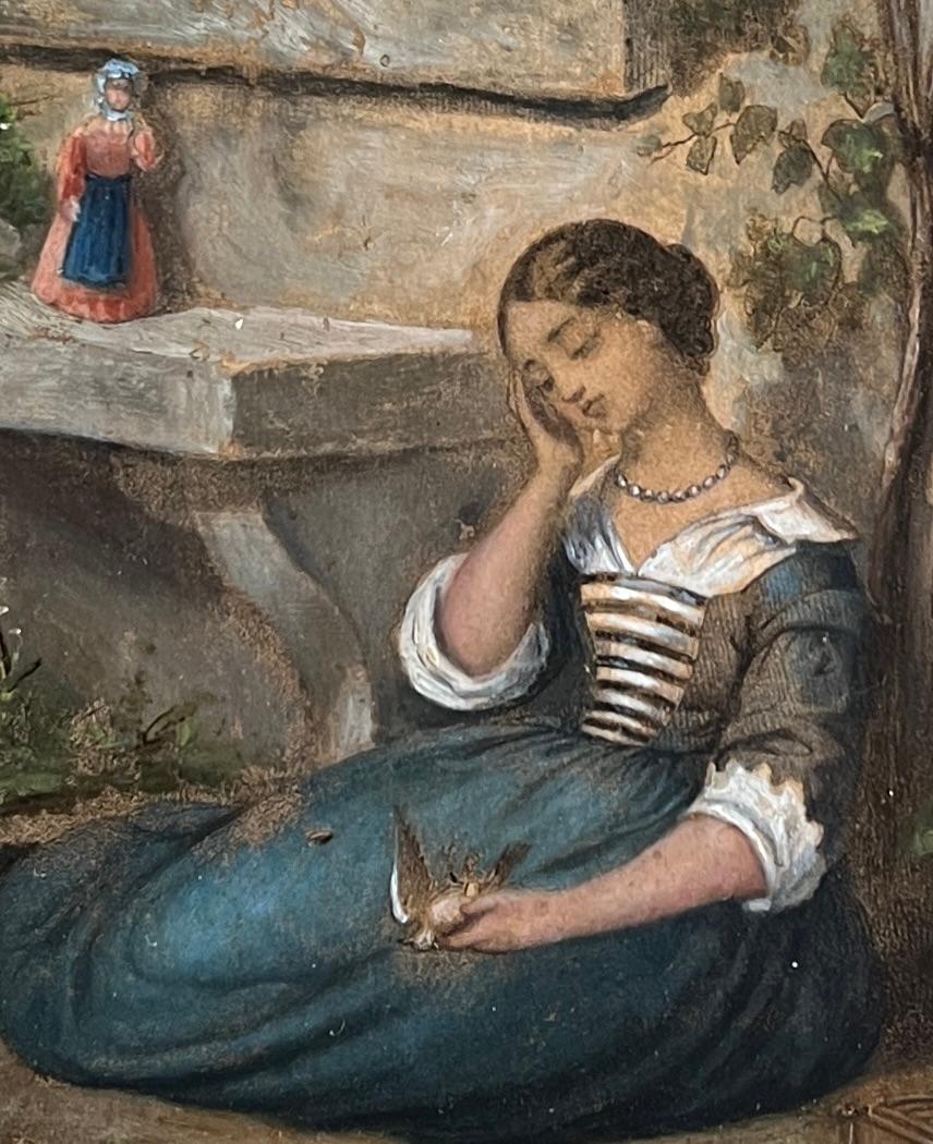 Forlorn Young Girl, Mother, Cat & Bird - Black Figurative Painting by Mexican School 19th Century
