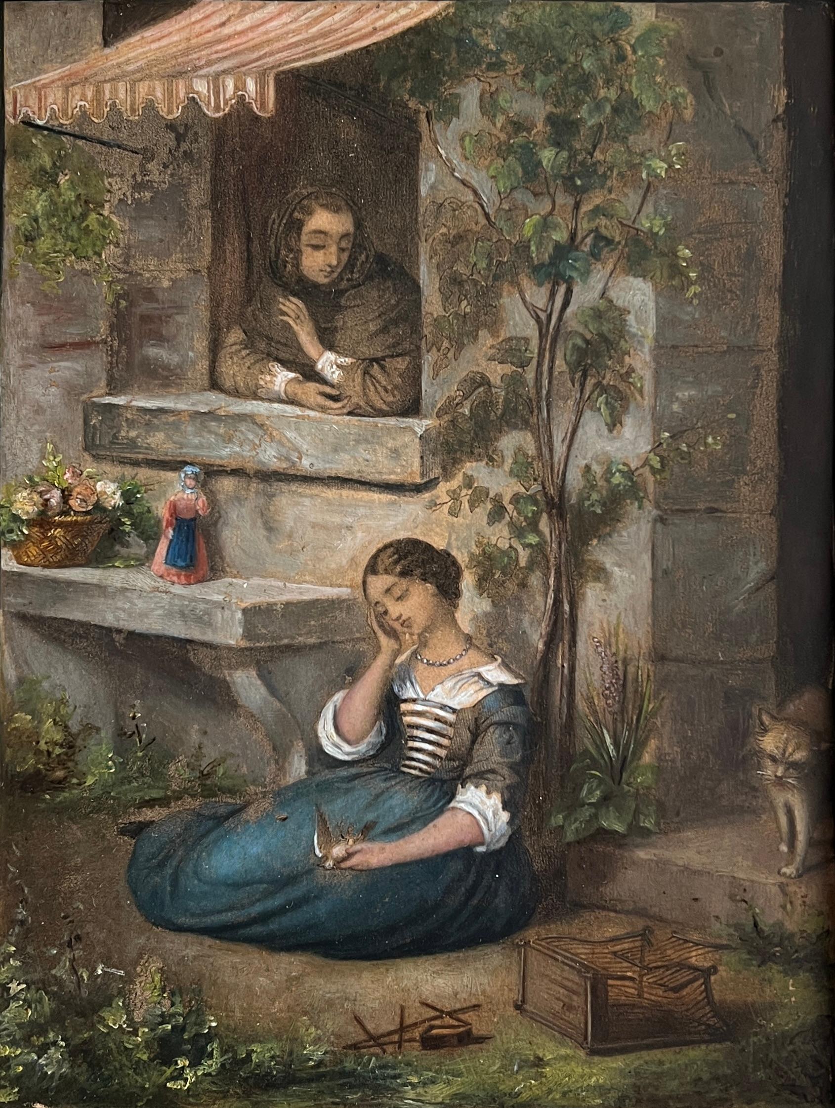 Figurative Painting Mexican School 19th Century - Jeune fille, mère, chat et oiseau Forlorn