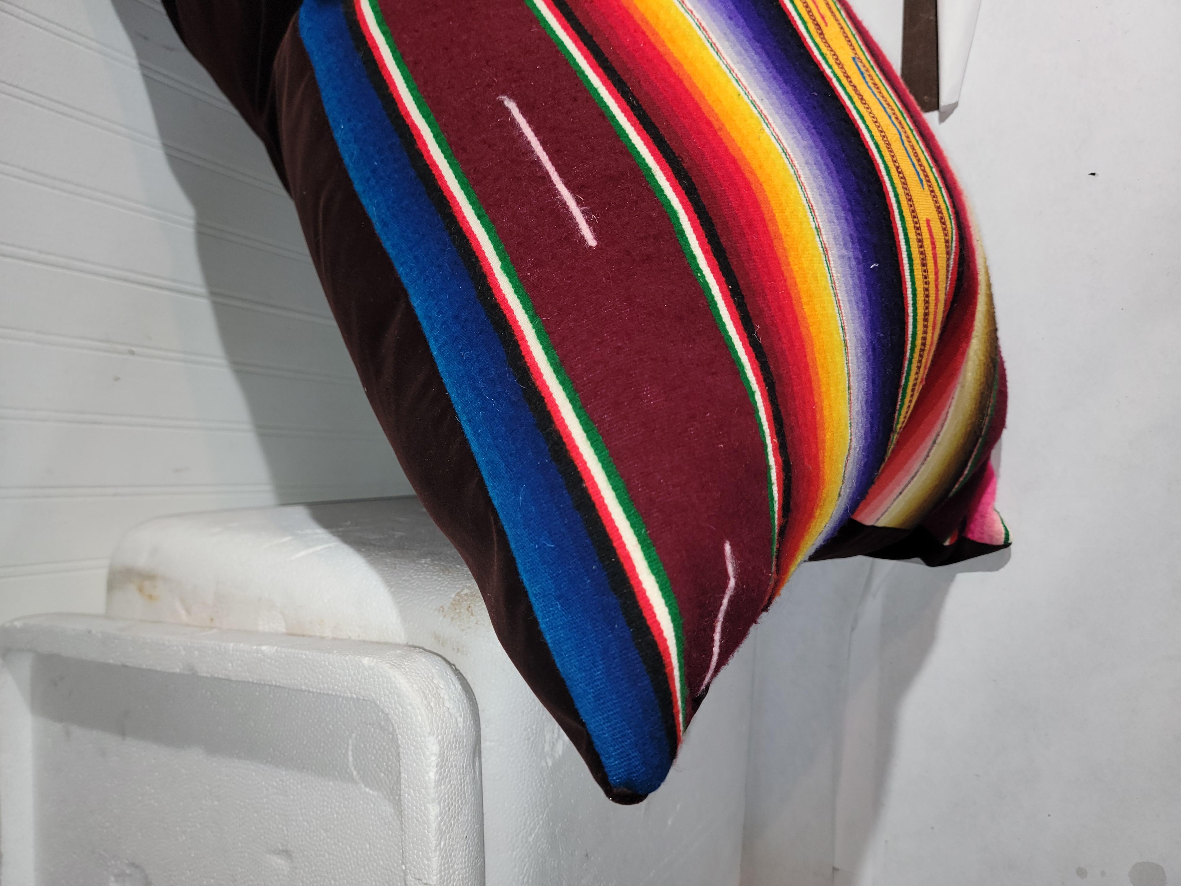 Cuscini bolster Serape messicani tessuti a mano 19Thc  in condizioni incontaminate. I supporti sono in un bellissimo colore bordeaux.  Gli inserti sono in piuma e piumette. Venduti in coppia.