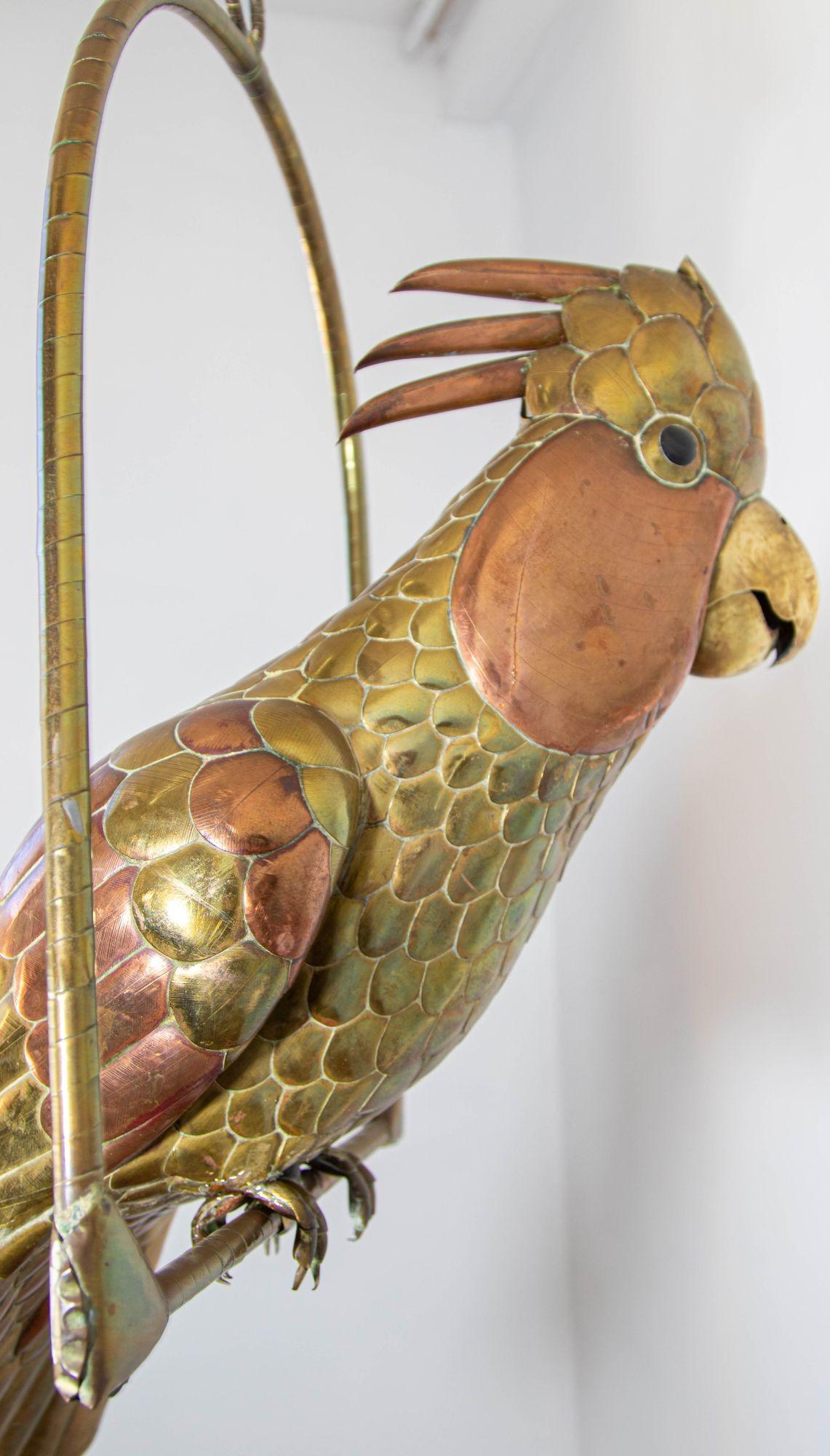 Mexican Sergio Bustamante Style Copper Brass Cockatoo Parrot Sculpture on Swing 4