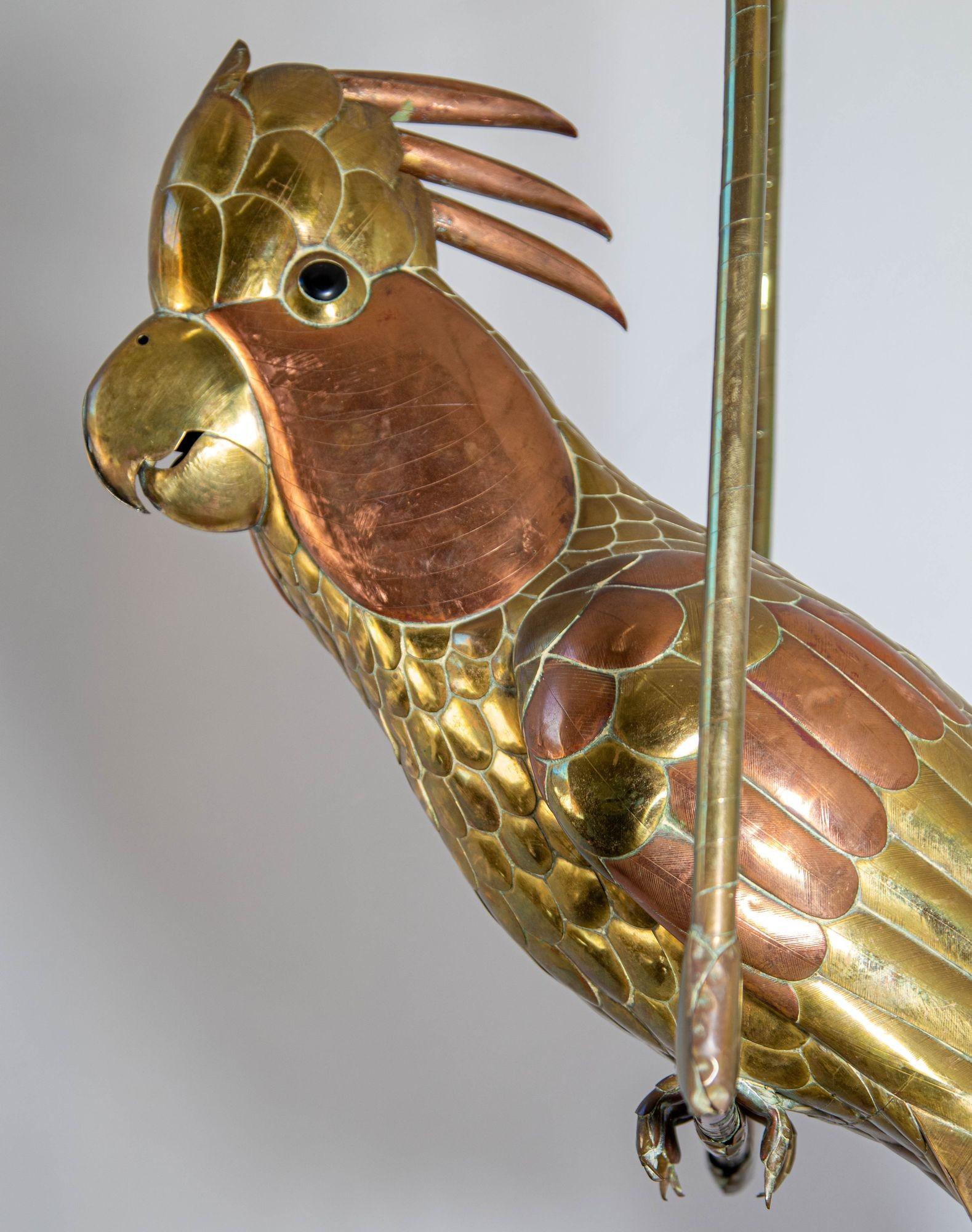 Mexican Sergio Bustamante Style Copper Brass Cockatoo Parrot Sculpture on Swing 5