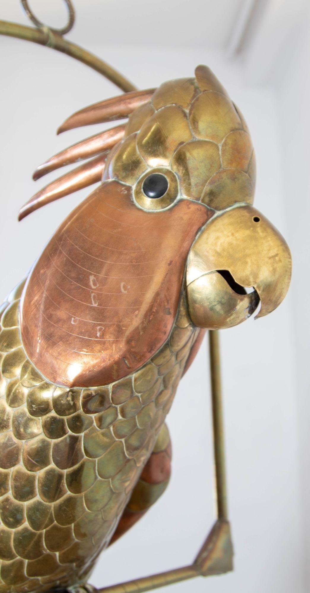 Mexican Sergio Bustamante Style Copper Brass Cockatoo Parrot Sculpture on Swing 6