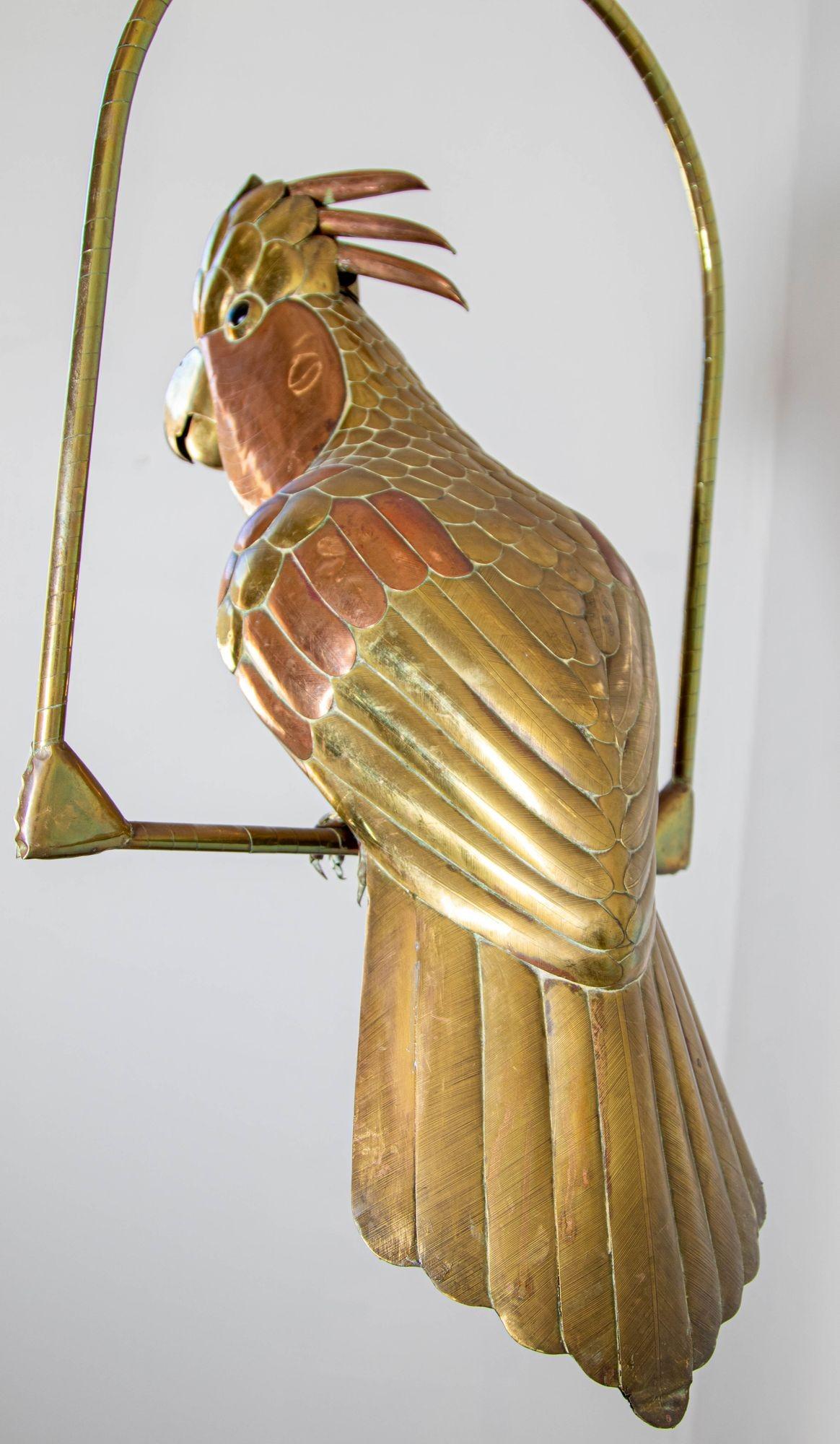 Mexican Sergio Bustamante Style Copper Brass Cockatoo Parrot Sculpture on Swing 7