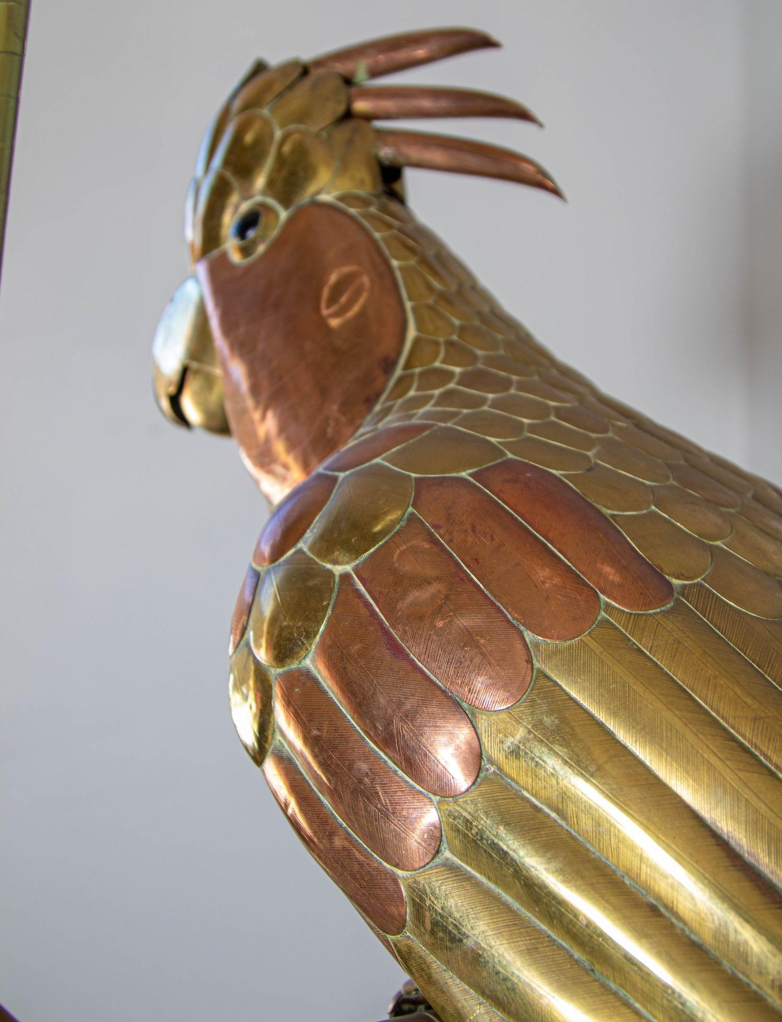 Mexican Sergio Bustamante Style Copper Brass Cockatoo Parrot Sculpture on Swing 8