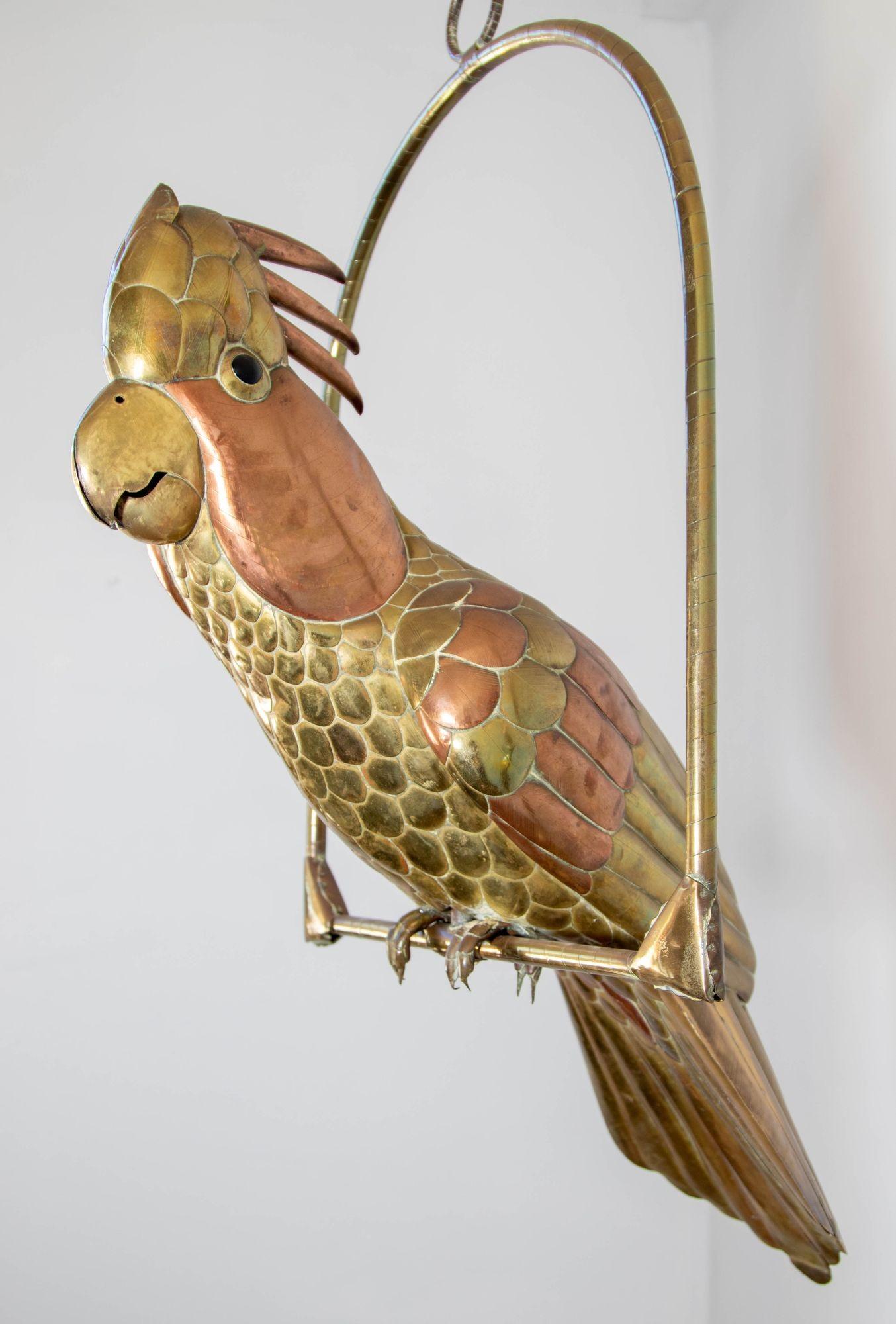 Mexican Sergio Bustamante Style Copper Brass Cockatoo Parrot Sculpture on Swing 9