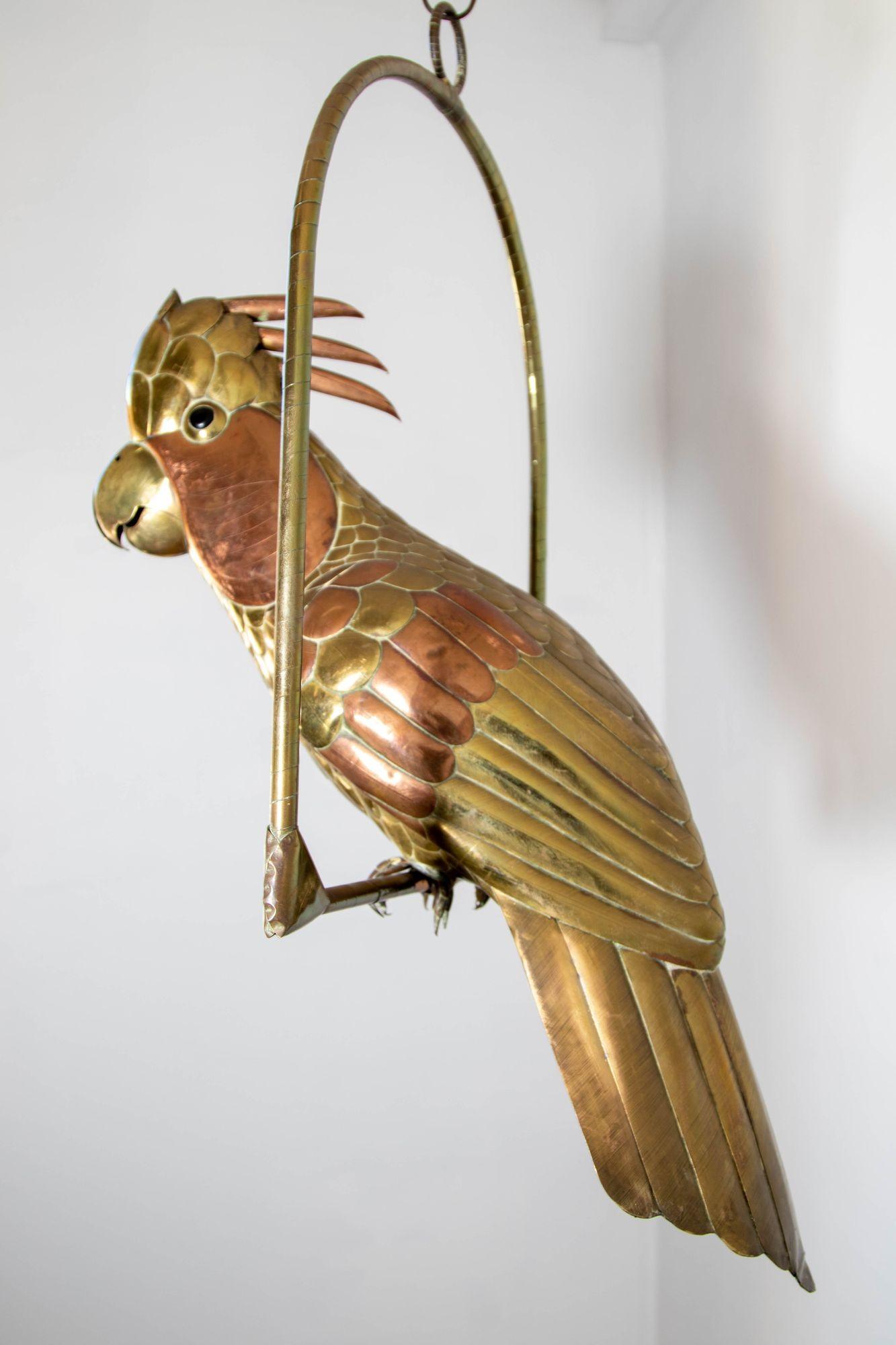 Mexican Sergio Bustamante Style Copper Brass Cockatoo Parrot Sculpture on Swing 10
