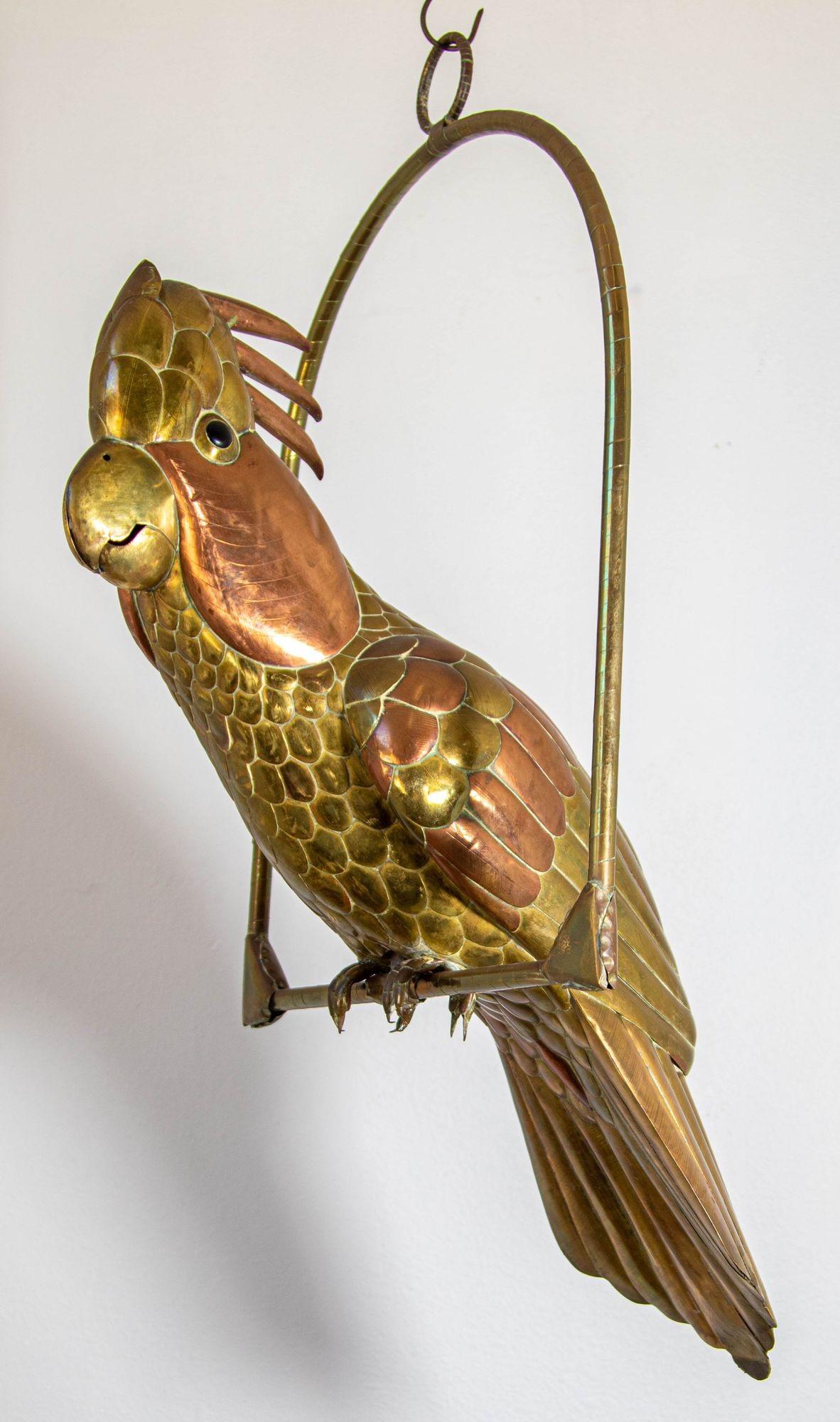 Mexican Sergio Bustamante Style Copper Brass Cockatoo Parrot Sculpture on Swing 12