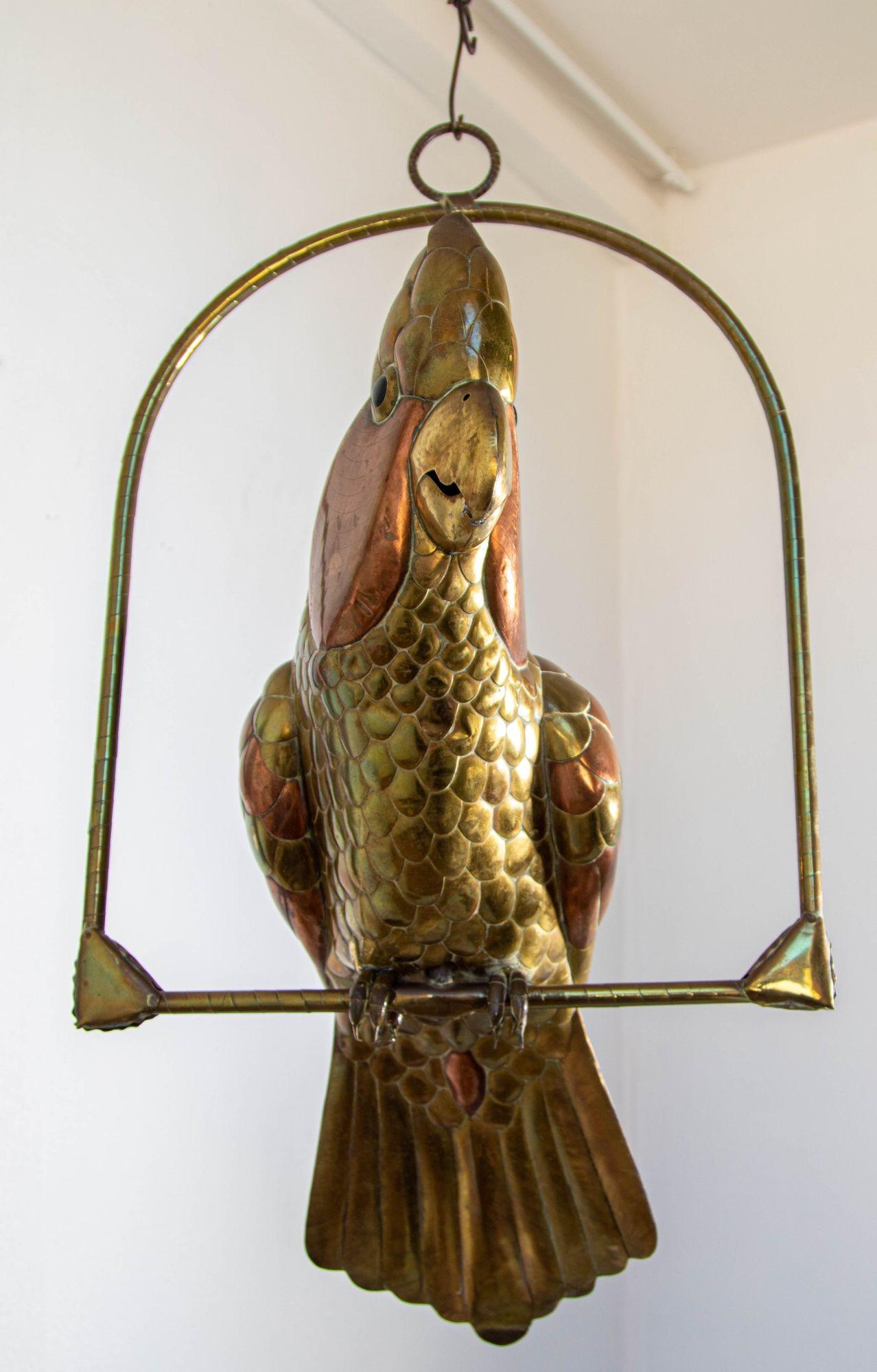 Folk Art Mexican Sergio Bustamante Style Copper Brass Cockatoo Parrot Sculpture on Swing