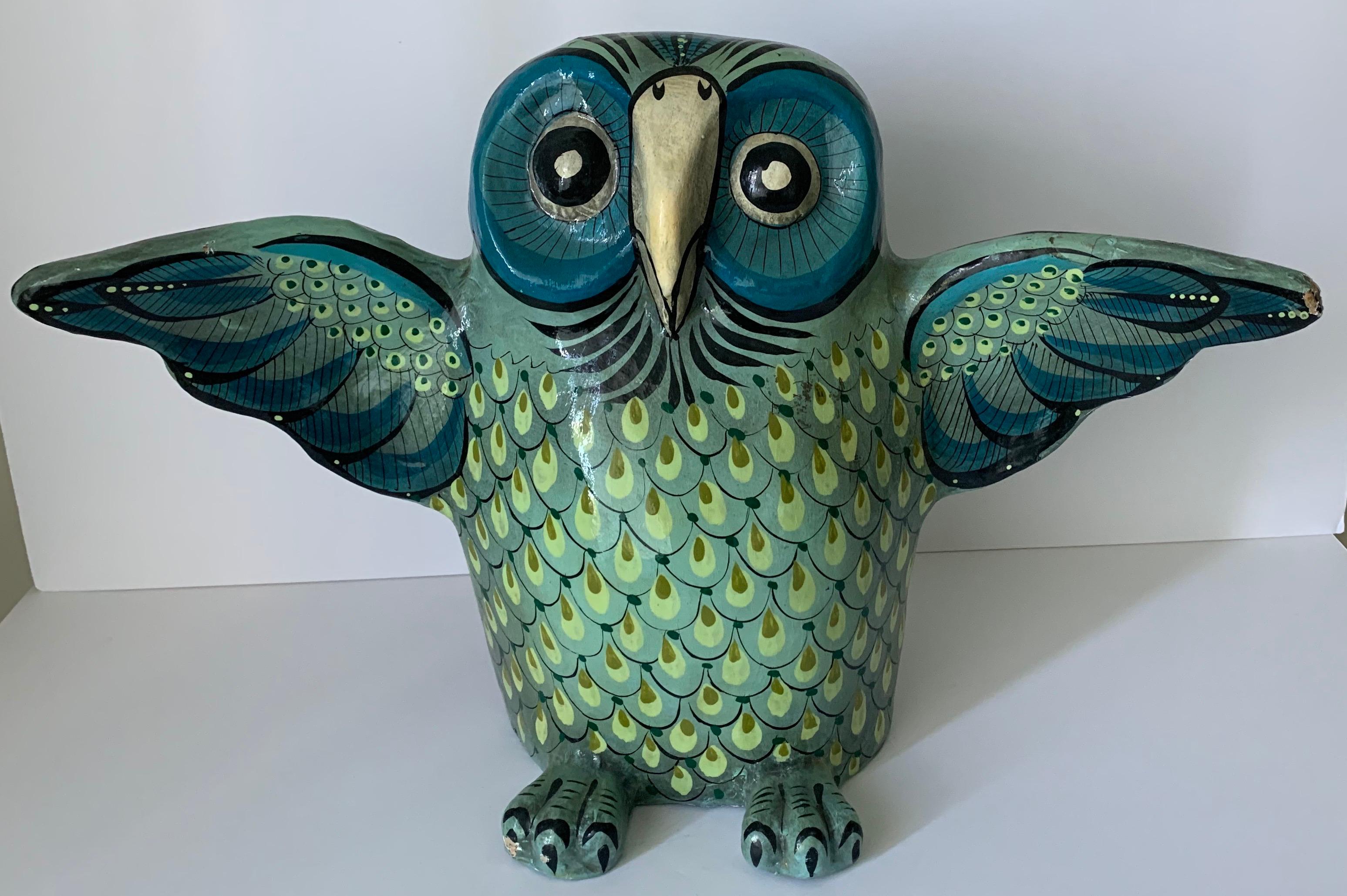 Papier mâché owl by Sermel. Hand painted design with overall areas of wear and minimal paint loss. Signed on the underside.
