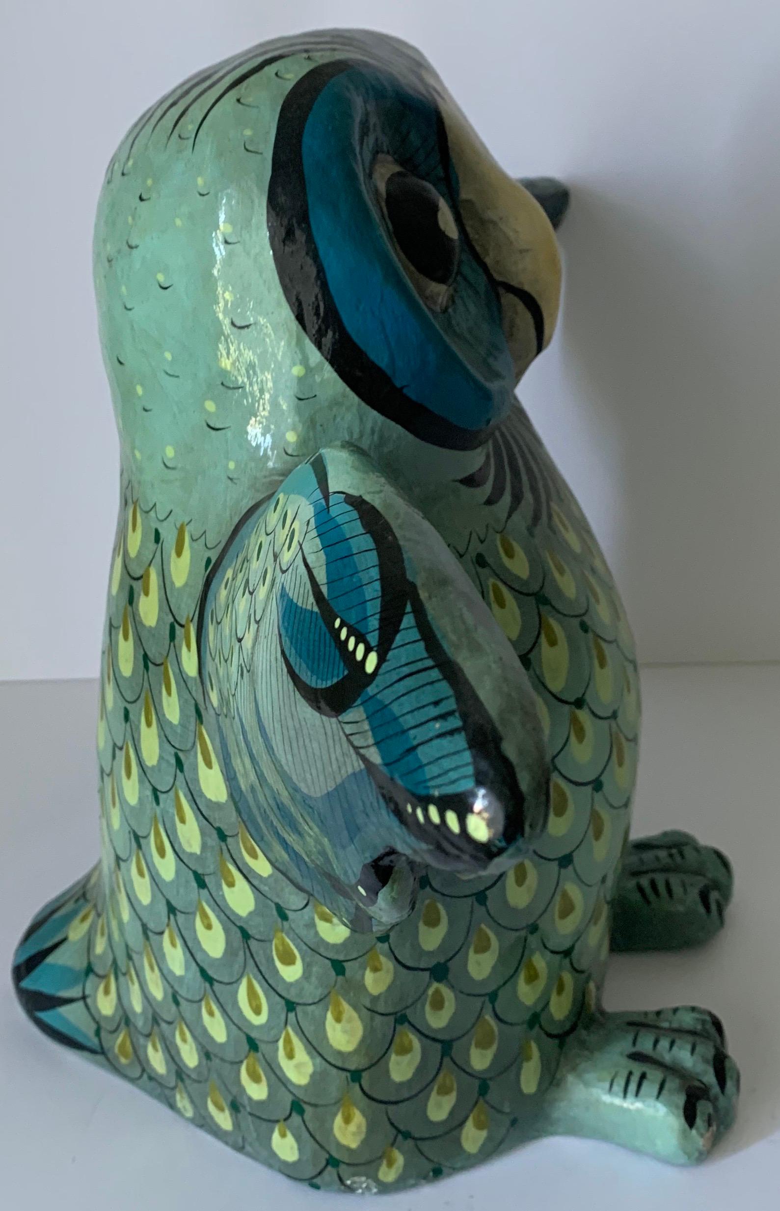 Painted Mexican Sermel Papier Mâché Owl Sculpture For Sale