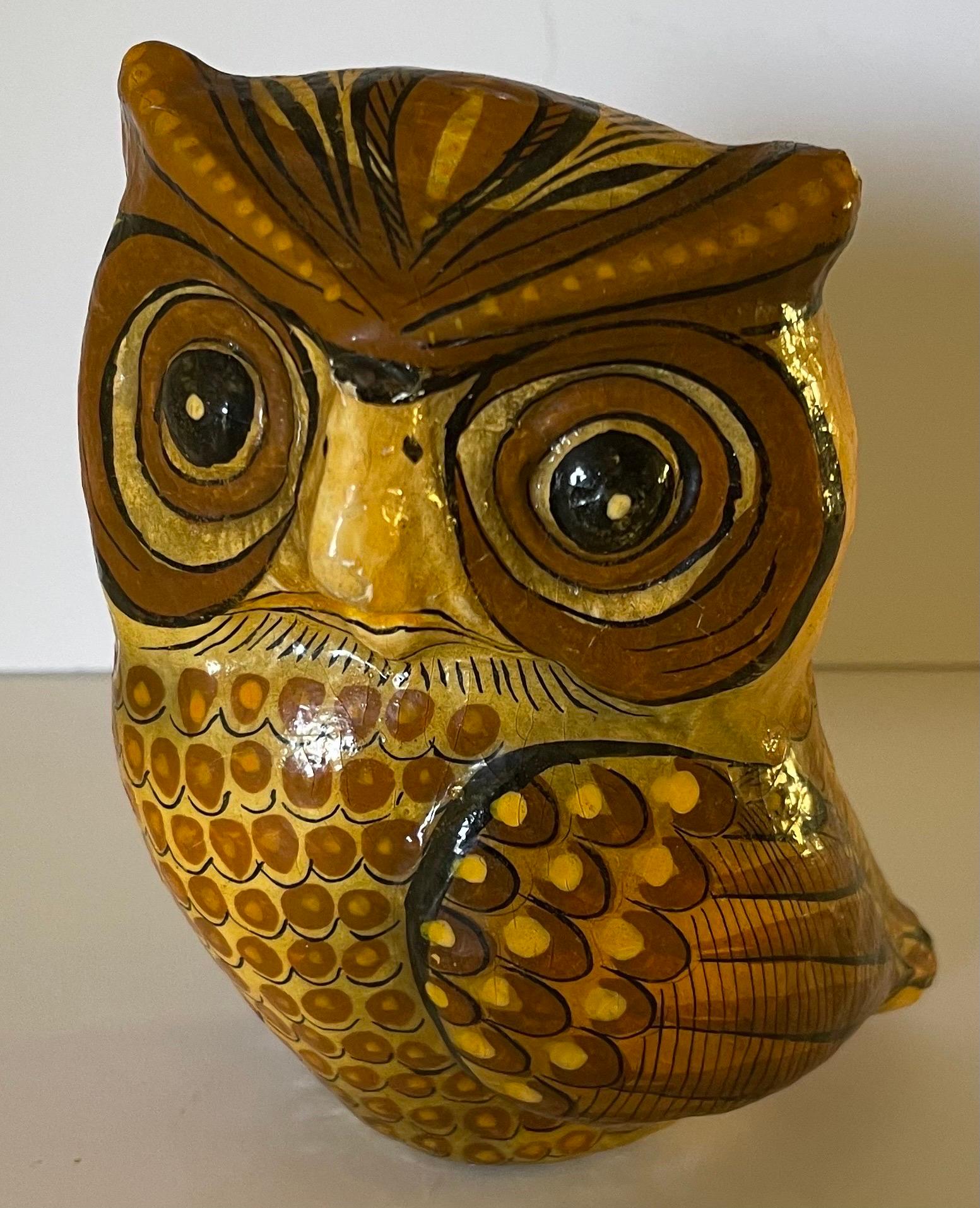 Papier mâché small owl by Sermel. Hand painted design with overall areas of wear and minimal paint loss. Signed on the underside.