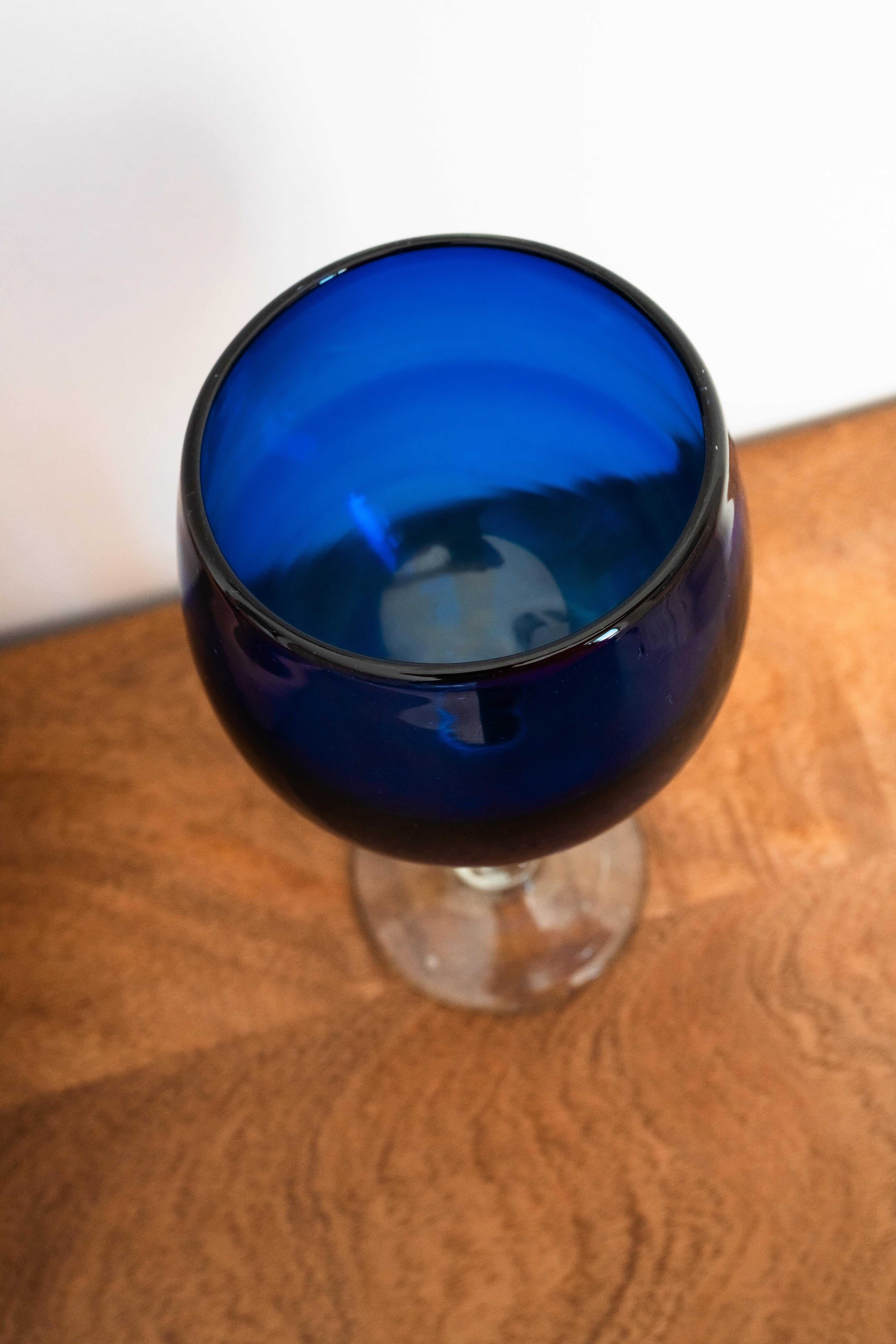 Spanish Colonial Handblown Glass Goblets Mexican Style Table Decor Cobalt Blue For Sale