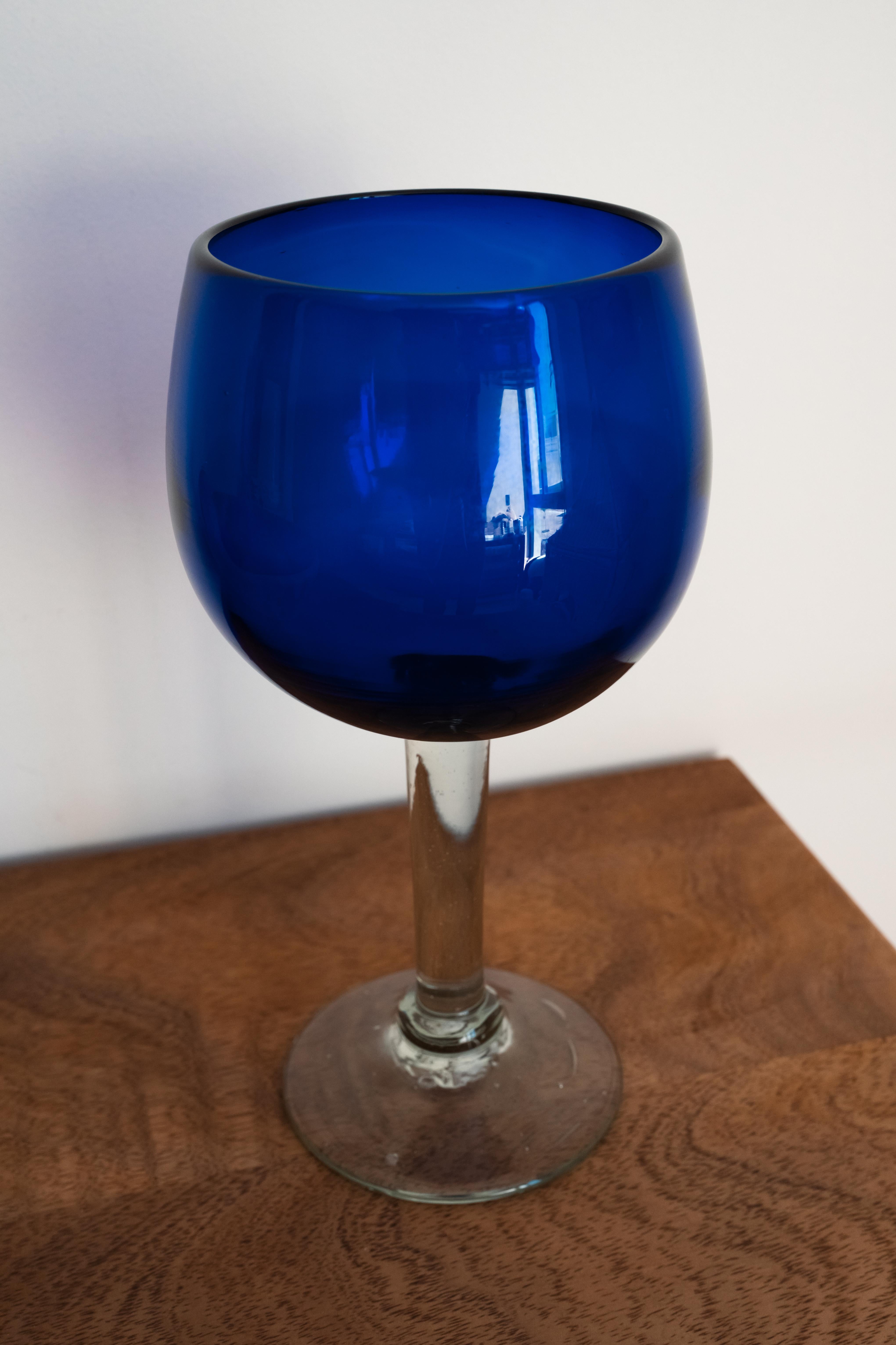 Hand-Crafted Handblown Glass Goblets Mexican Style Table Decor Cobalt Blue For Sale
