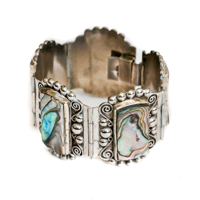 Mid-Century Mexican Abalone Shell Silver Bangle Bracelet For Sale at  1stDibs | mexican abalone bracelet, mexican silver bracelets, vintage abalone  bracelet