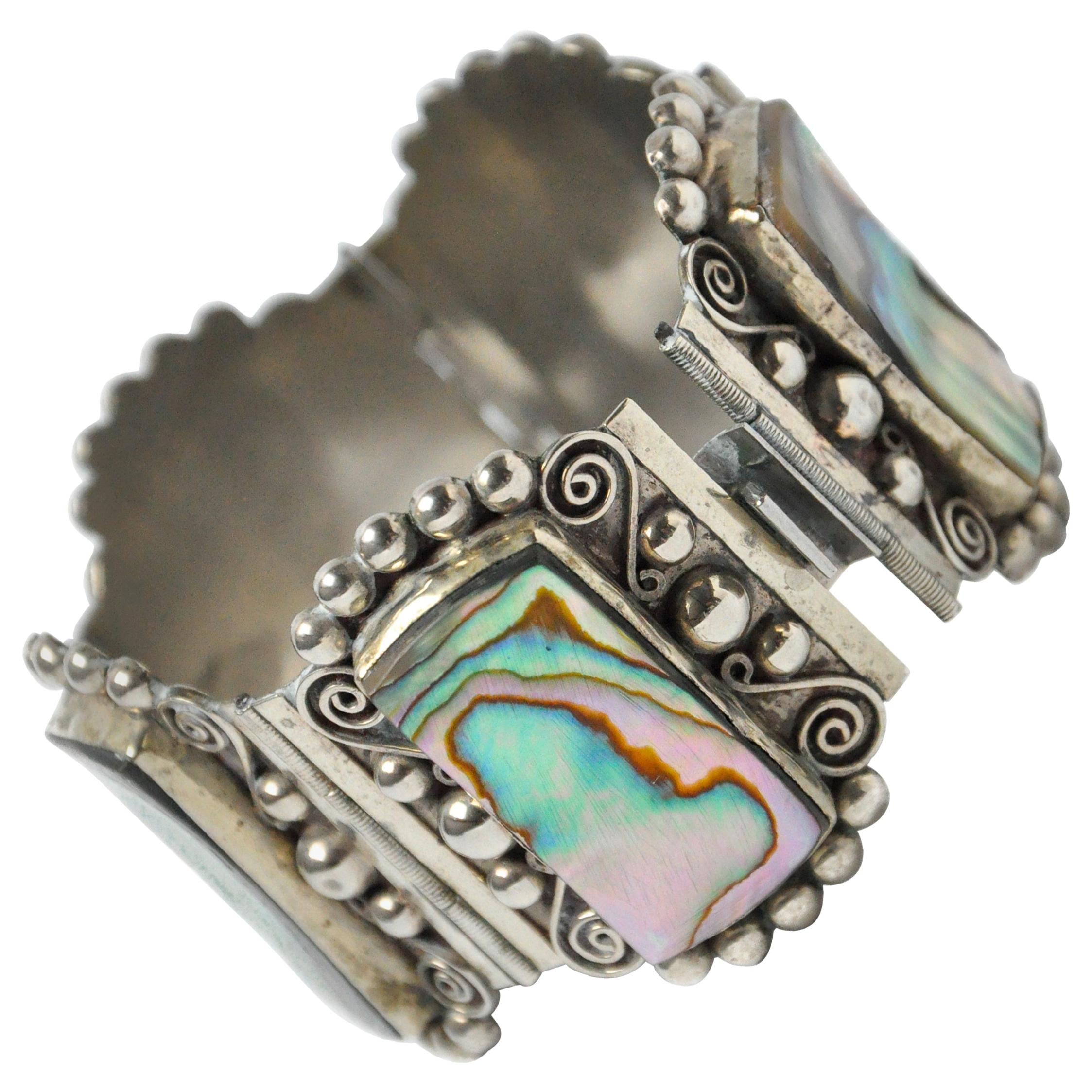 Vintage Mexican sterling silver abalone interlock panel link bracelet