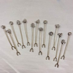 Mexican Silver Figural Cocktail Hors d'oeuvres Picks, Set of 14, 1950s