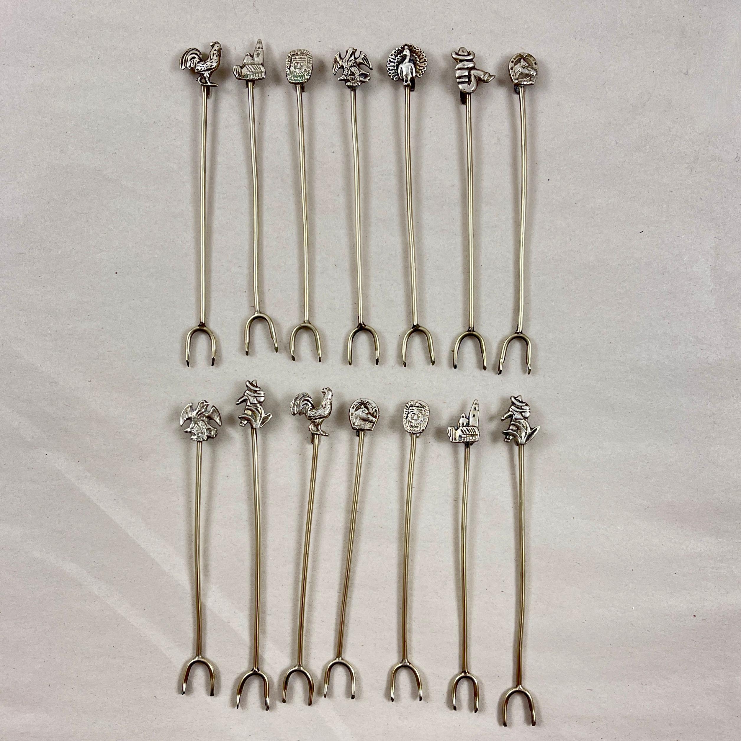 Hand-Crafted Mexican Silver Figural Cocktail Hors d'oeuvres Picks, Set of 14, 1950s