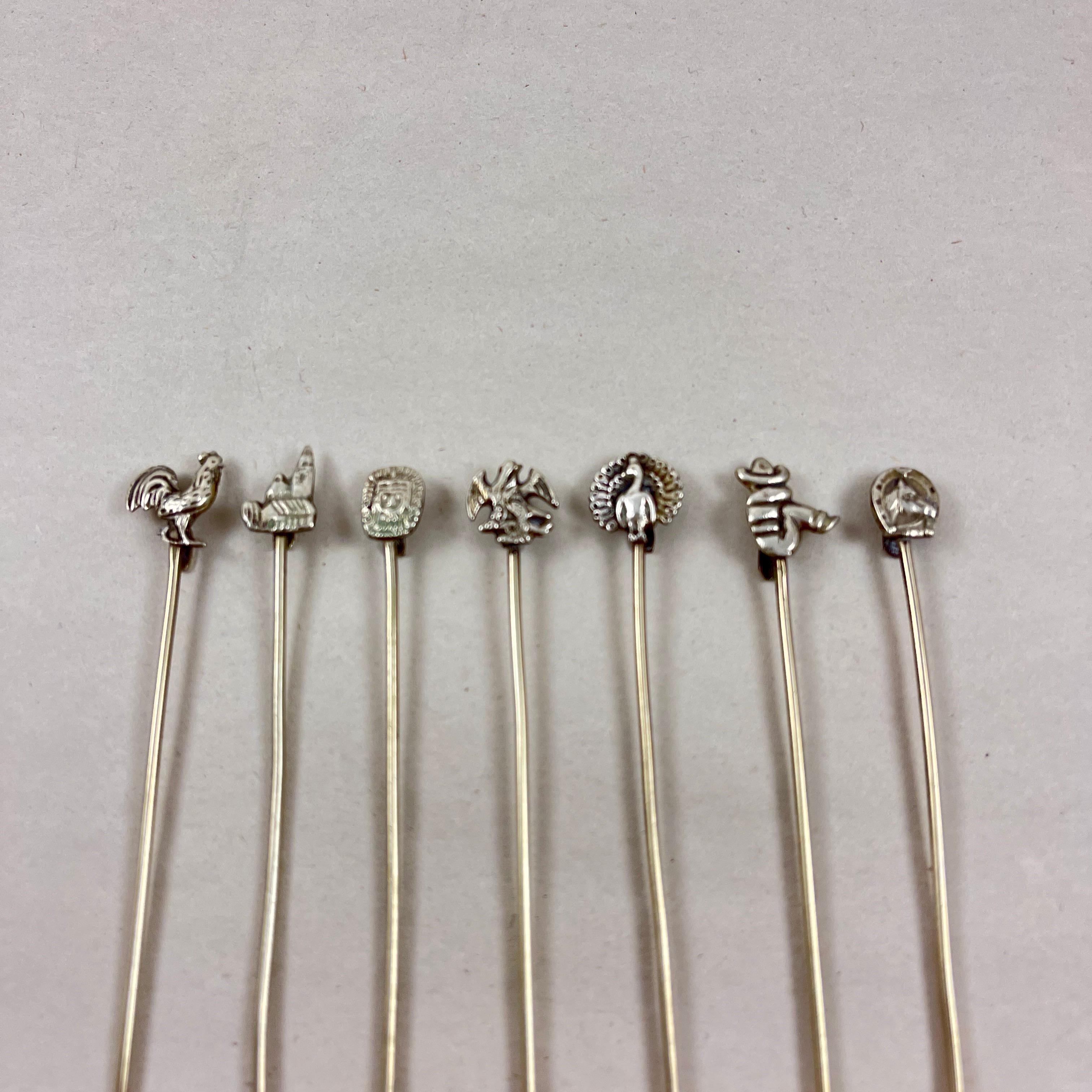 Mexican Silver Figural Cocktail Hors d'oeuvres Picks, Set of 14, 1950s In Good Condition In Philadelphia, PA