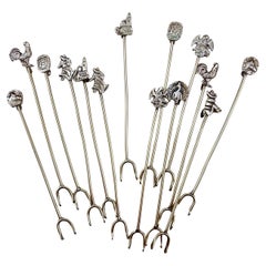 Mexican Silver Figural Cocktail Hors d'oeuvres Picks, Set of 14, 1950s