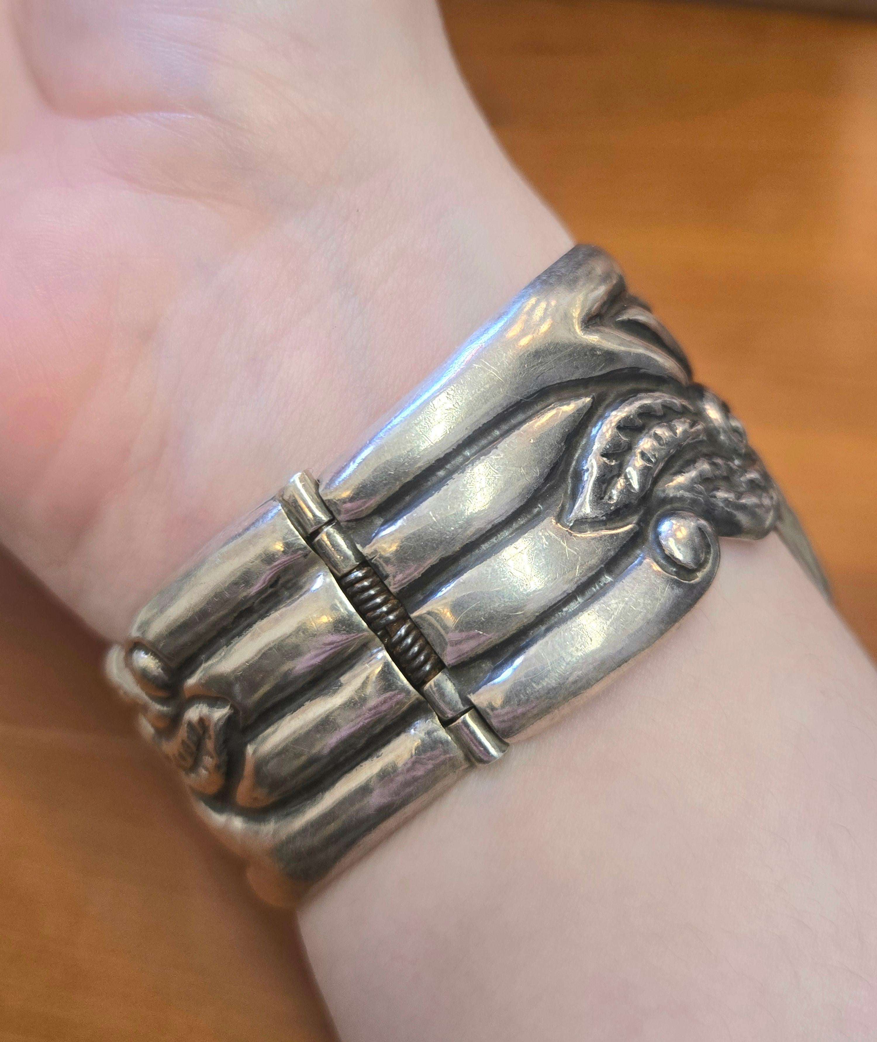 Mexican Silver Flower Clamper Bracelet For Sale 1